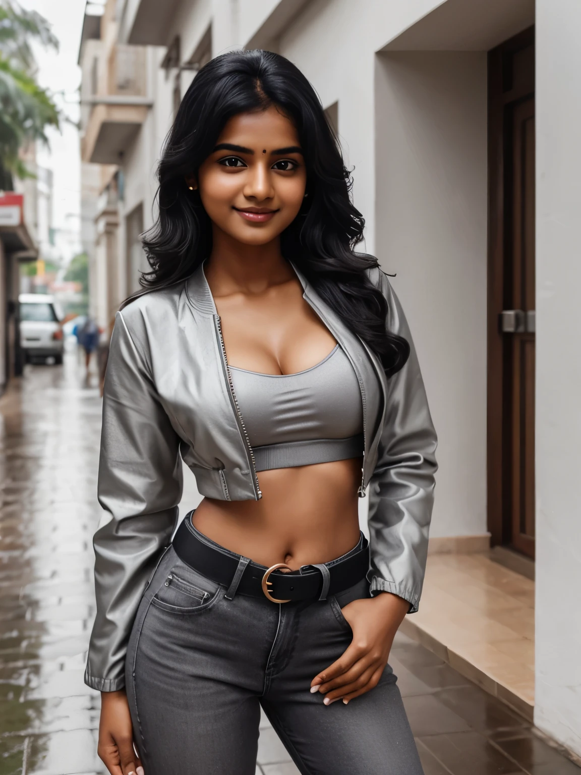 portrait, Tamil girl, beautiful face, (brief smile:0.6), thick black hair, belt, sports bra black jeans, round deep navel, detached sleeves, grey eyes, hip vent, open jacket, cute, look at viewer, daylight, rainy, zeta pixel image