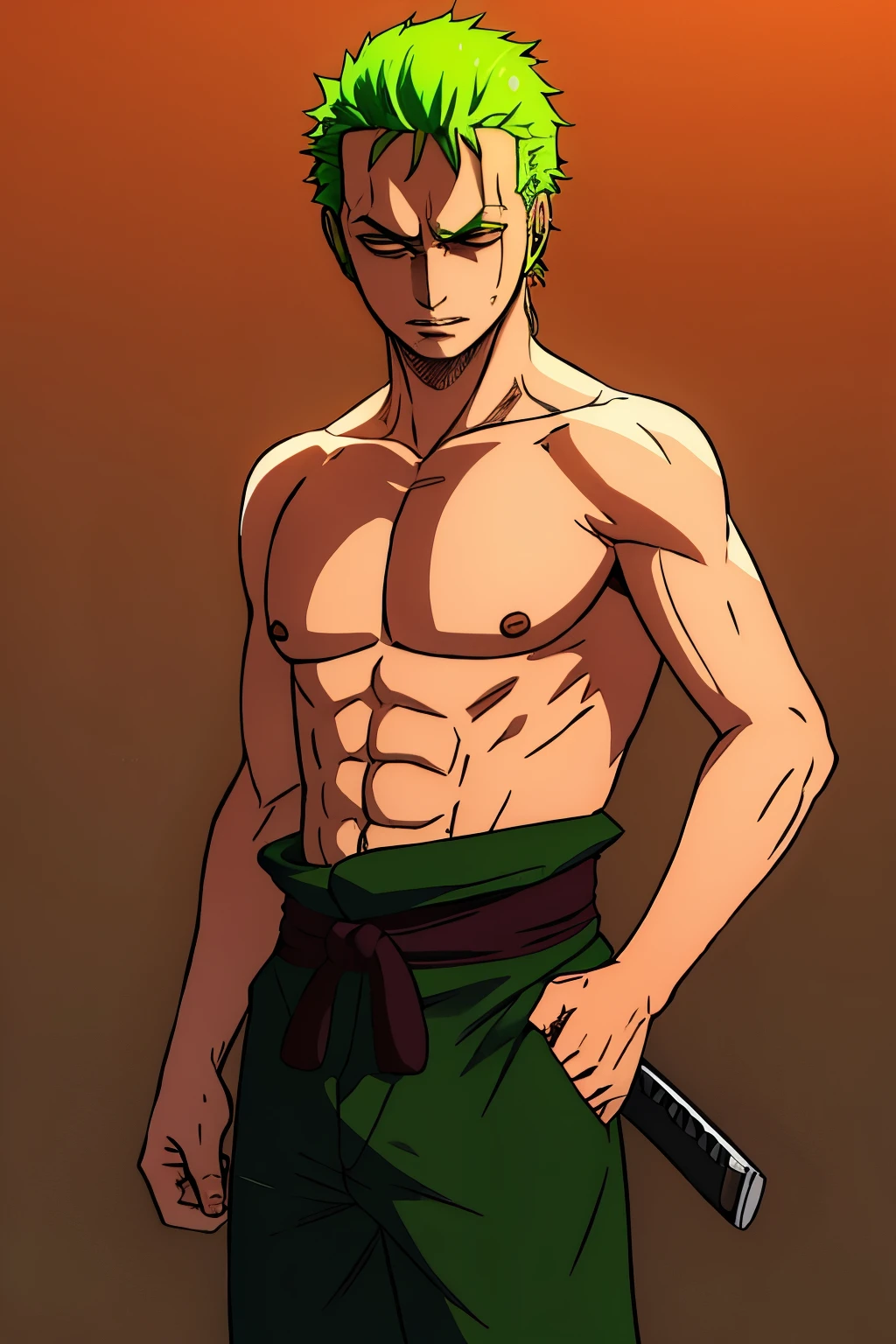1 , estilo wano, Roronoa Zoro, olhar irritado, Katana, (um olho fechado), cicatriz no olho, Cabelo verde. Sozinho, tronco, (((obra de arte))), ((melhor qualidade)), (extremamente detalhado), aquarela, illustration, profundidade de campo, outline, sombras escuras intensas, sharp focus, soft lighting, hdr, colorida, good composition, fogo ao redor, espetacular, olhos pretos, roupas japonesas,