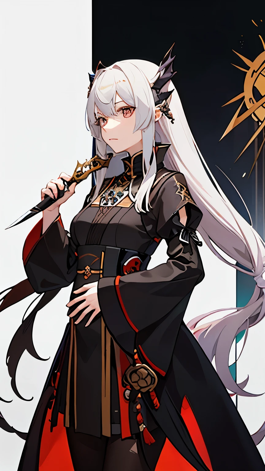 a woman in a dress holding a dagger and a dagger, video game character, from arknights, fox nobushi holding a dagger, hajime yatate, keqing from genshin impact, random haired deity, with small sword, ayaka genshin impact, female action anime girl, official character art, anime character, pregnant anime girl, fetus, random hair color