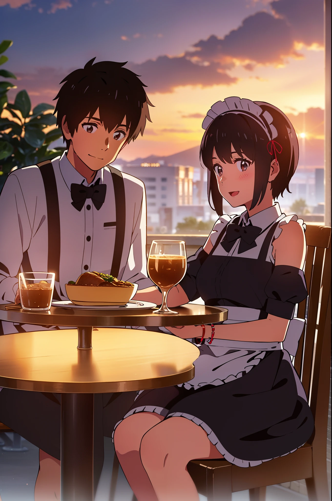 shinkai makoto, kimi no na wa., 1girl, 1boy, bangs, black hair, blush, brown eyes, (boy wear Suspender Clothes), ((girl wear maid dress, maid, apron, maid headdress, short dress, Off-the-shoulders)), bow, ribbon, short hair, smile, open mouth, looking at the viewer, cute, love, heart, couple, adorable, dating, bracelet, evening, sunset, cloudy, outdoors, dynamic lights, restaurant, resto, cafe, coffee, table, chair, sitting together, drinking