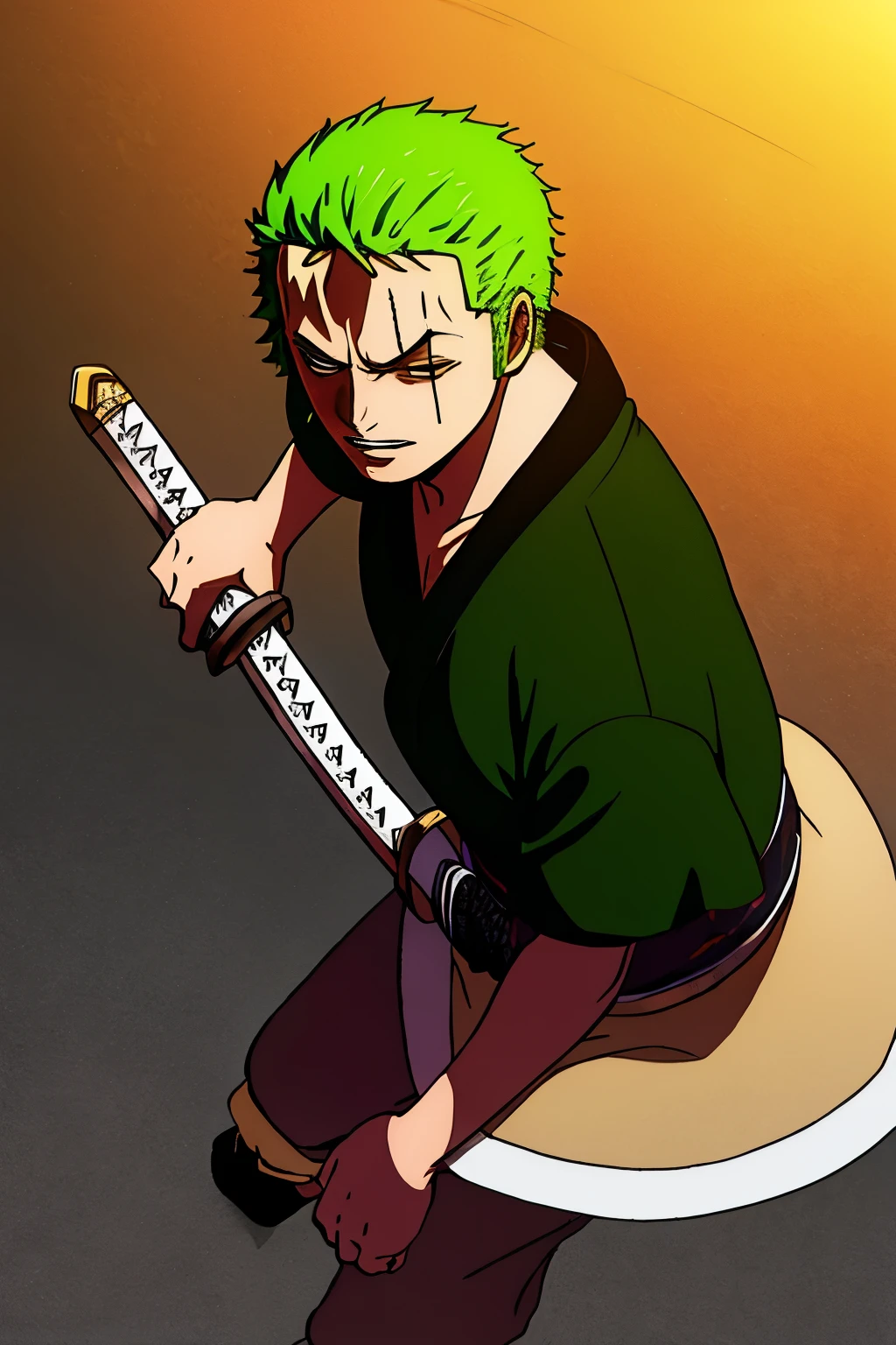 1 menino, estilo wano, Roronoa Zoro, olhar irritado, Katana,  (um olho fechado),  cicatriz no olho,  Cabelo verde. Sozinho, tronco, (((obra de arte))), ((melhor qualidade)), (extremamente detalhado), aquarela, illustration, profundidade de campo, outline, sombras escuras intensas, sharp focus, soft lighting, hdr, colorida, good composition, fogo ao redor, espetacular, olhos pretos, roupas japonesas,  