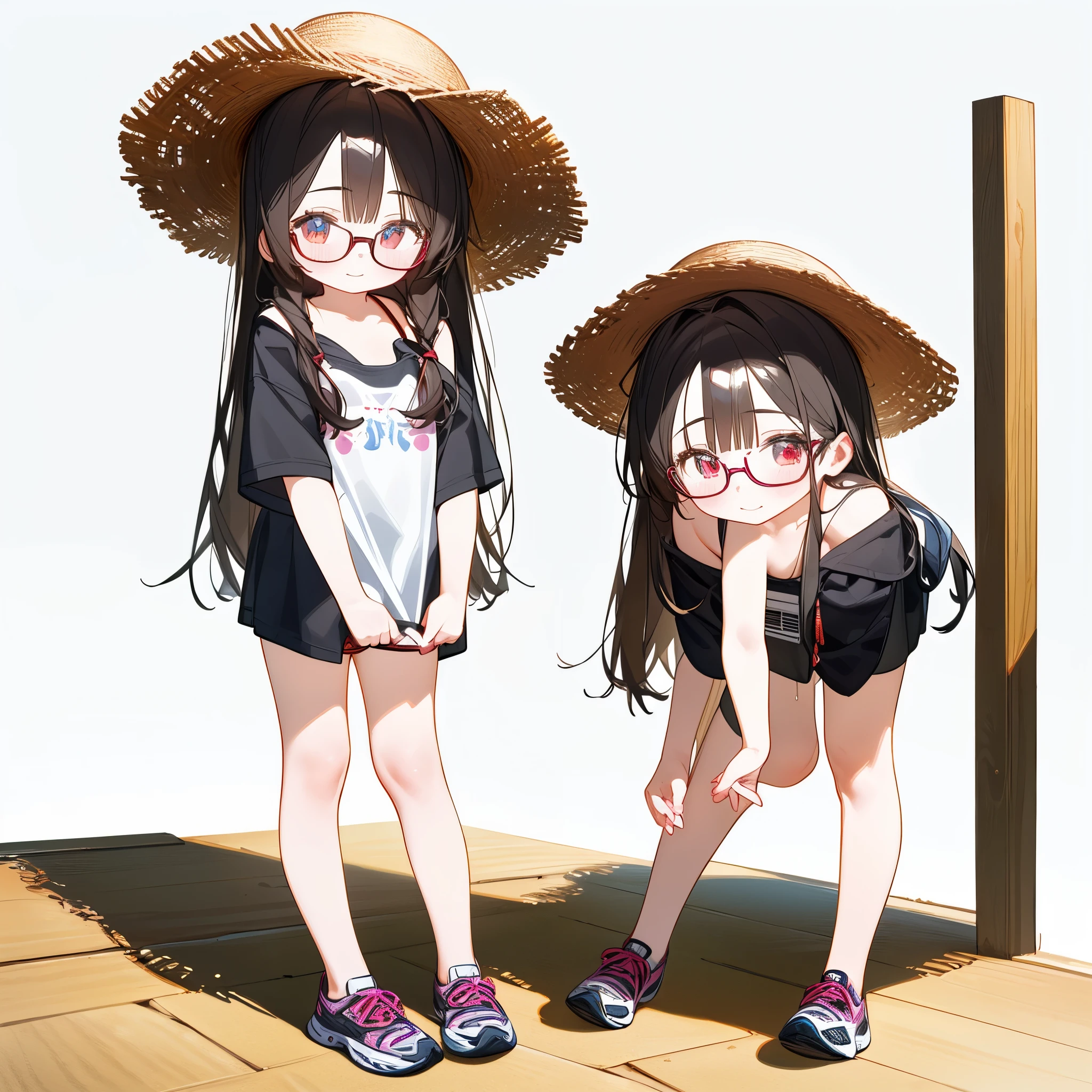 (best quality,masterpiece:1.3),((cute 1 girl:1.2)),(,8 years old:1.4), ((view,full body,simple background,highres)), expressive eyes, perfect face, eye (red), Bucket Hat, long hair Black, Round Glasses Black, micro bikini, forehead, open forehead,