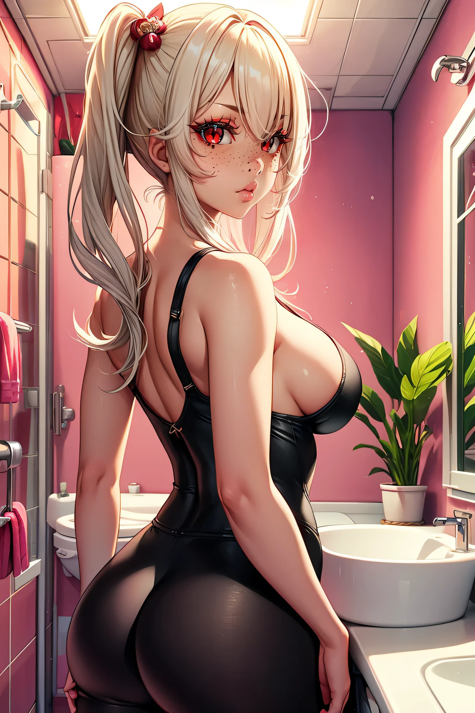 (1girl), red eyes, mature,white hair, pigtails, freckles on nose, long hair, x ornament, big lips, pretty lips, ((gyaru)), gyaru hairstyle, ornaments, bodysuit, seductive anime girl, thicc, hands behind back, cute anime, bathroom, plant, ceiling, pink room, anime