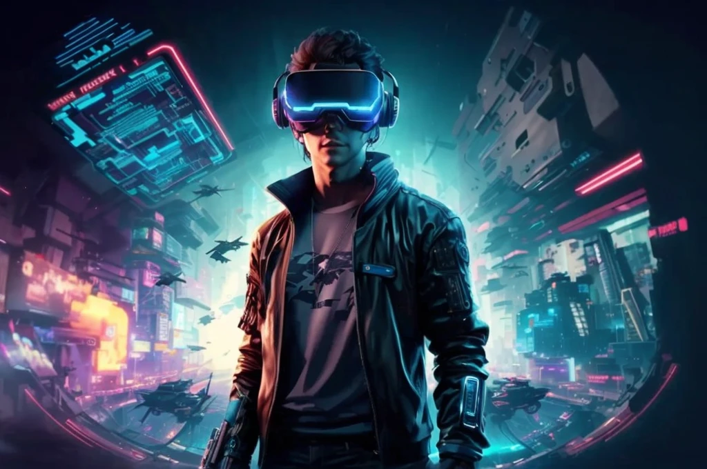 a man in a black jacket and glasses stands in front of a futuristic city, Jogo de realidade virtual, cyberpunk vibe, cyberpunk vibes, mais fundo no metaverso vamos, tem estilo cyberpunk, tema ciberpunk, no cyberpunk 2077, ciberpunk futurista, futuro ciberpunk, Synthetic wave, vestindo roupas cyberpunk, ciberpunk futurista, tecnologia ciberpunk, retro cyberpunk, Synthetic wave style