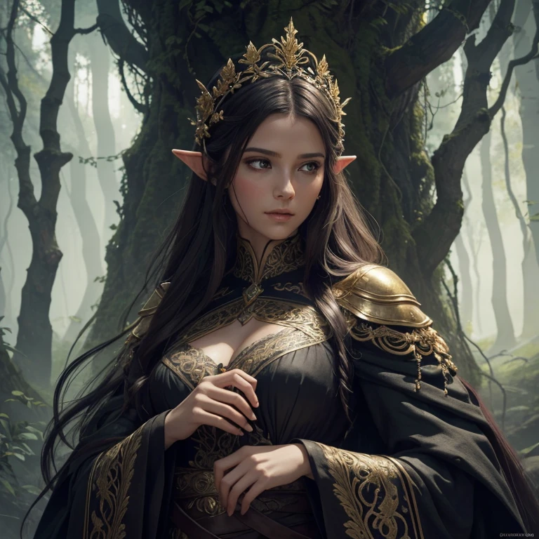 Créez une image d'une magnifique elfe dans un environnement de forêt enchantée. Elle doit avoir des traits délicats et gracieux, des oreilles pointues et des cheveux longs et élégants. Elle doit porter des vêtements élégants et légers en harmonie avec la nature, comme une robe en feuilles ou en fleurs. Elle peut avoir des accessoires comme un arc et des flèches ou une baguette magique. L'image doit dégager une aura de mystère et de beauté., sf, intricate artwork masterpiece, ominous, matte painting movie poster, golden ratio, trending on cgsociety, intricate, epic, trending on artstation, by artgerm, h. r. giger and beksinski, highly detailed, vibrant, production cinematic character render, ultra high quality model