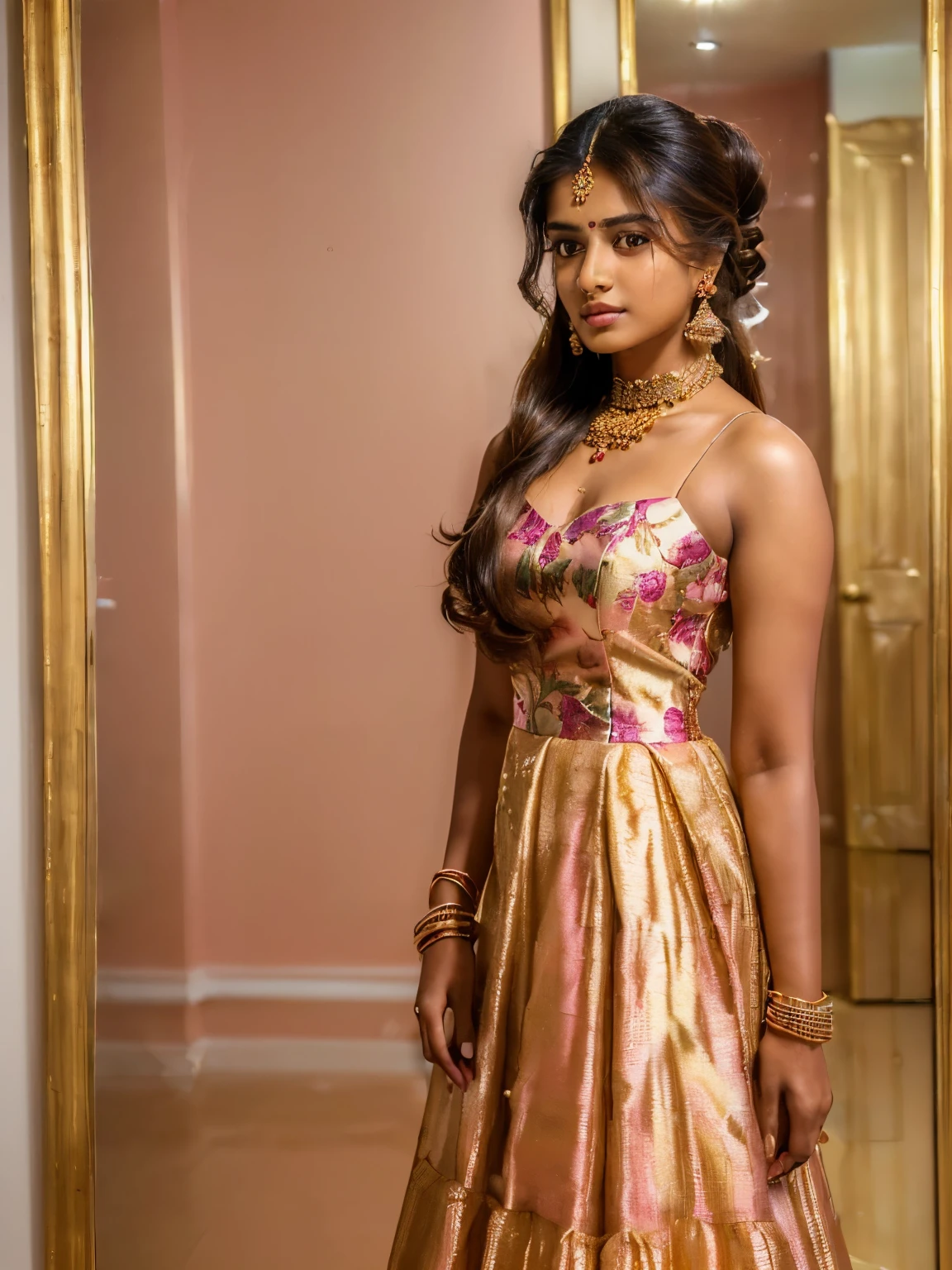 (64k, 128k, HDhigh quality:1.6, masterpiece:1.6) perfect figure, 18 year old beautiful Tamil girl, brown long hair, ponytail, floral gown, standing looking infront of a dressing mirror, the dressing mirror showing highly detailed facial and skin texture, pink lips, earrings, bracelets, chokers, wrist watch