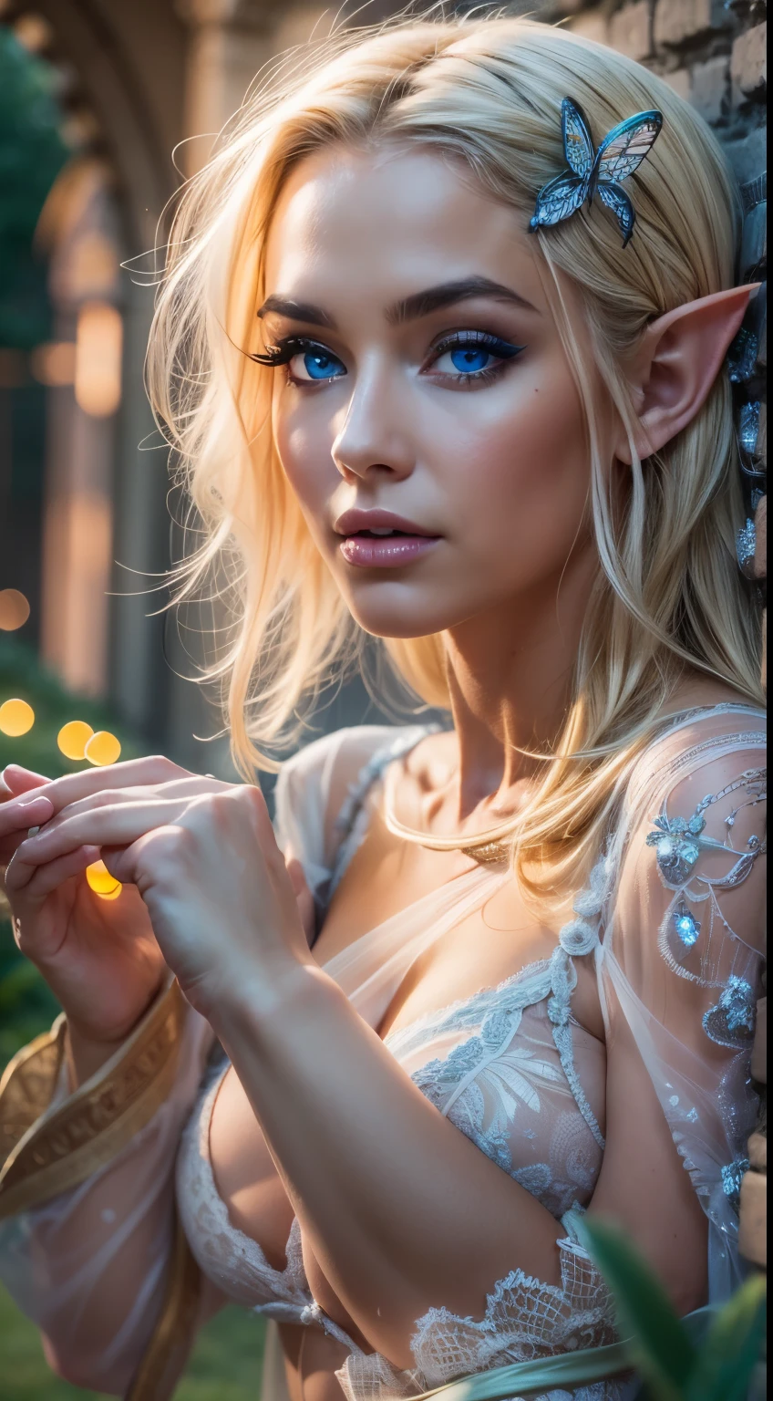 Beautiful, Amazing face and eyes, makeup, (detailed facial features), Blonde, (sexiest look), (large breasts:1.3), (Glowing blue eyes), (realistic elf ear), (castle, fantasy setting), ((orbs)), massive butterfly wings, full body, sitting, (Spread your legs), (Best Quality:1.4), (Ultra-detailed), (extremely detailed CG unified 8k wallpaper), Highly detailed, RAW Photos, Professional Photography, (silk see through lace:1.3), (:1.4), plein air, Illumination, (Super fancy photos:1.4), (Dazzling light), Radiant Photography, depth of fields, 