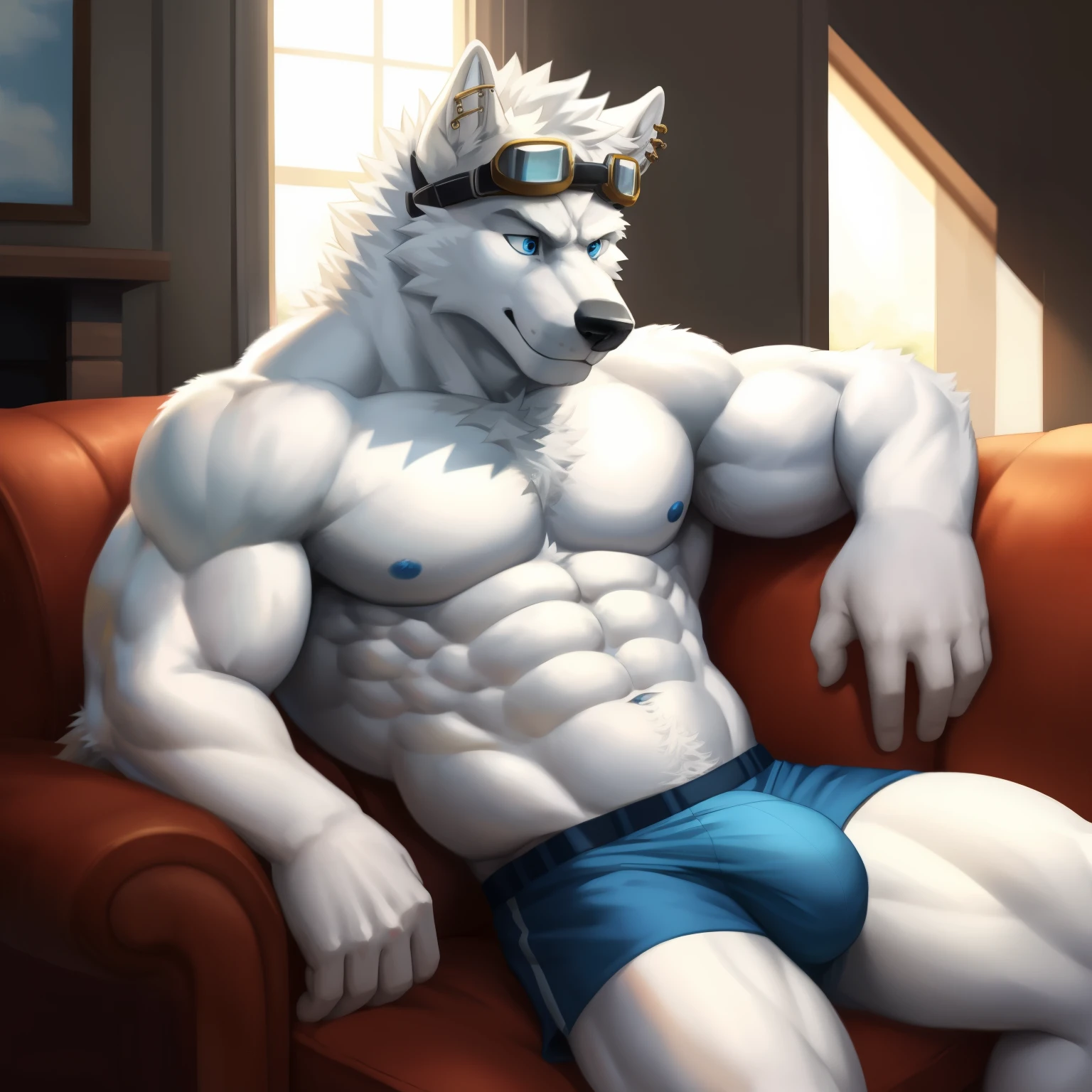 Male furry, in the form of a white wolf anthro, sits alone on a couch, deep in thought. His piercing blue eyes, exaggerated by the goggles on his head, are fixated on an unseen object next to him. His muscular physique is on full display, with the white fur covering his abs and producing a detailed bulge at his midsection, emphasized by the 1.3x magnification. The sunlight filtering through the window casts soft, natural lighting over the scene, but the overall atmosphere is nevertheless dramatic, capturing the tension and seriousness of the moment. This EasyMasterpiece comes to life under the passionate brushstrokes of an artist, immortal