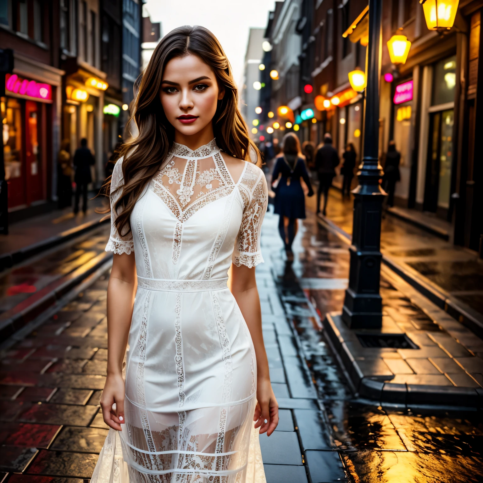 (best quality,8k, ((wearing lace maxi dress)),standing,red light district,highly detailed face and skin texture,detailed eyes,double eyelids),portrait,sunny atmosphere,soft focus,warm color tones,subtle backlighting,dewdrops on lashes,urban landscape,reflection on wet pavement,moody aesthetic. Body main focus,  