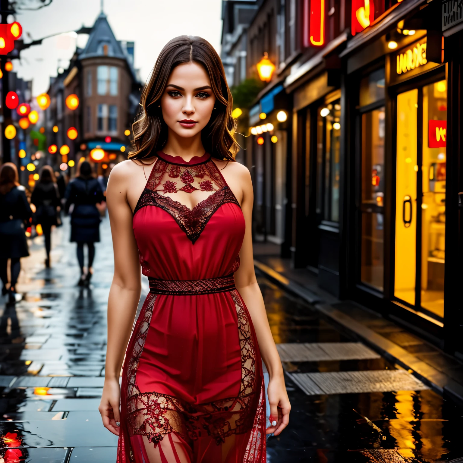 (best quality,8k, ((wearing lace maxi dress)),standing,red light district,highly detailed face and skin texture,detailed eyes,double eyelids),portrait,sunny atmosphere,soft focus,warm color tones,subtle backlighting,dewdrops on lashes,urban landscape,reflection on wet pavement,moody aesthetic. Body main focus,  