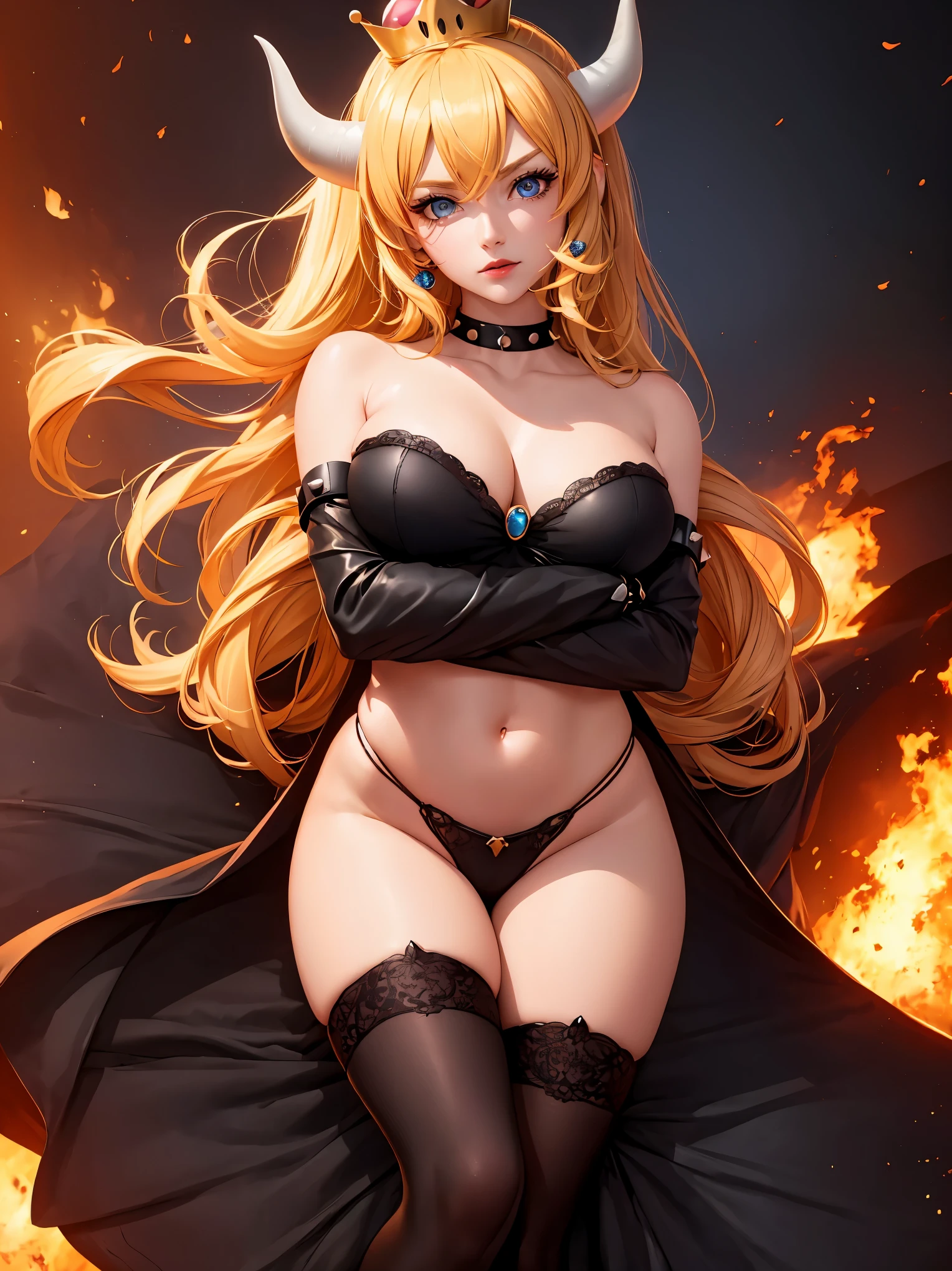 ((high detailed, best quality, 4k, masterpiece, hd:1.3)), ((best quality)), (((HD))), (((8k))), (ultraDH), (ultra HD), Princess Daisy, blue eyes, BREAK blue eyes, seductive, attractive, smooth anime cg art, 36C breasts, long legs, vivid colors, detailed digital art, slim body, perfect skin, dark blonde hair, long hair, blonde hair, blonde hair, BREAK crown, cleavage, 36C cleavage, looking at viewer, BREAK looking at viewer, extremely detailed face, red santa suit, red santa claus suit, santa claus suit, earrings, gem, dark black makeup lips, dark gothic eyeshadows, dark eyeshadows, black eyeshadows, black sexy lips, black lips, (dark:1.2), dark lips, very dark lips, (perfect hands, perfect anatomy), black makeup, black medium lips, black thick lips, detailed fingers, five fingers per hand, 5 fingers, (1 girl), detailed lips, detailed black lips, black painted lips, gothic painted lips, BREAK night, night sky, (breast focus), (arms outstreched:1.2), (from above:1.1), (breasts out:1.3), (off shoulder:1.1), (white horns), (bra), inside a lava castle, she inside a sea of lava, she bathing in lava,