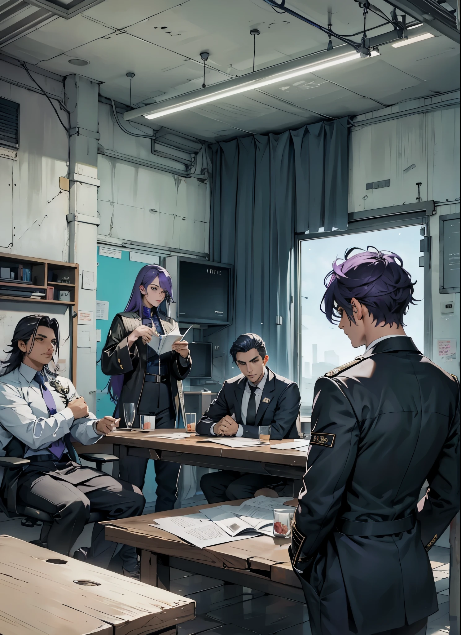 un grupo de villanos reunidos todos tienen el cabello de color violeta 