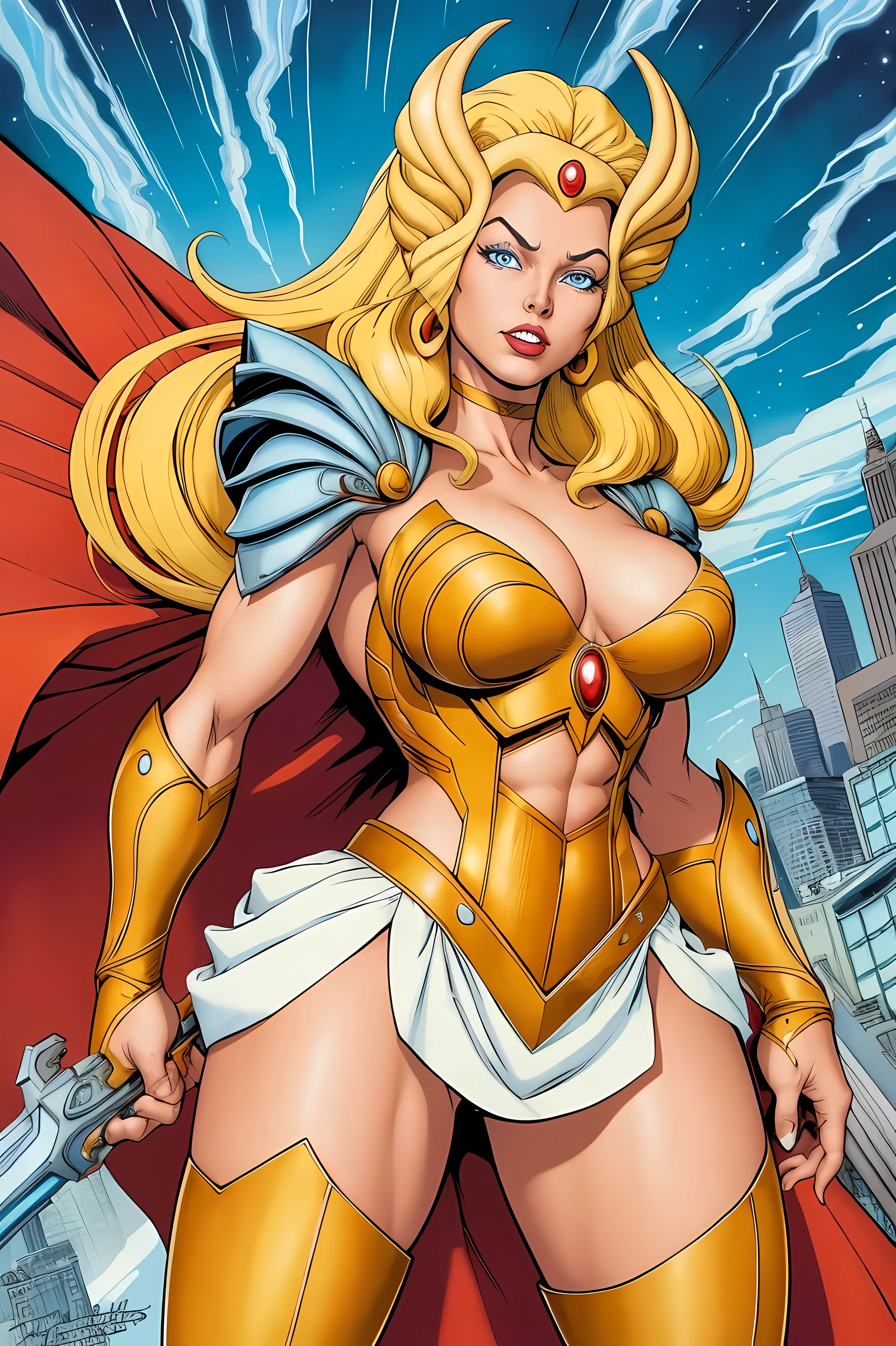 cartoon,(best quality:1.17), (masterpiece:1.17), (detailed:1.15), by Rob Liefeld, style of Neal Adams, 
SheRaQuiron character, 1girl, bue eyes, rampage,  high saturation