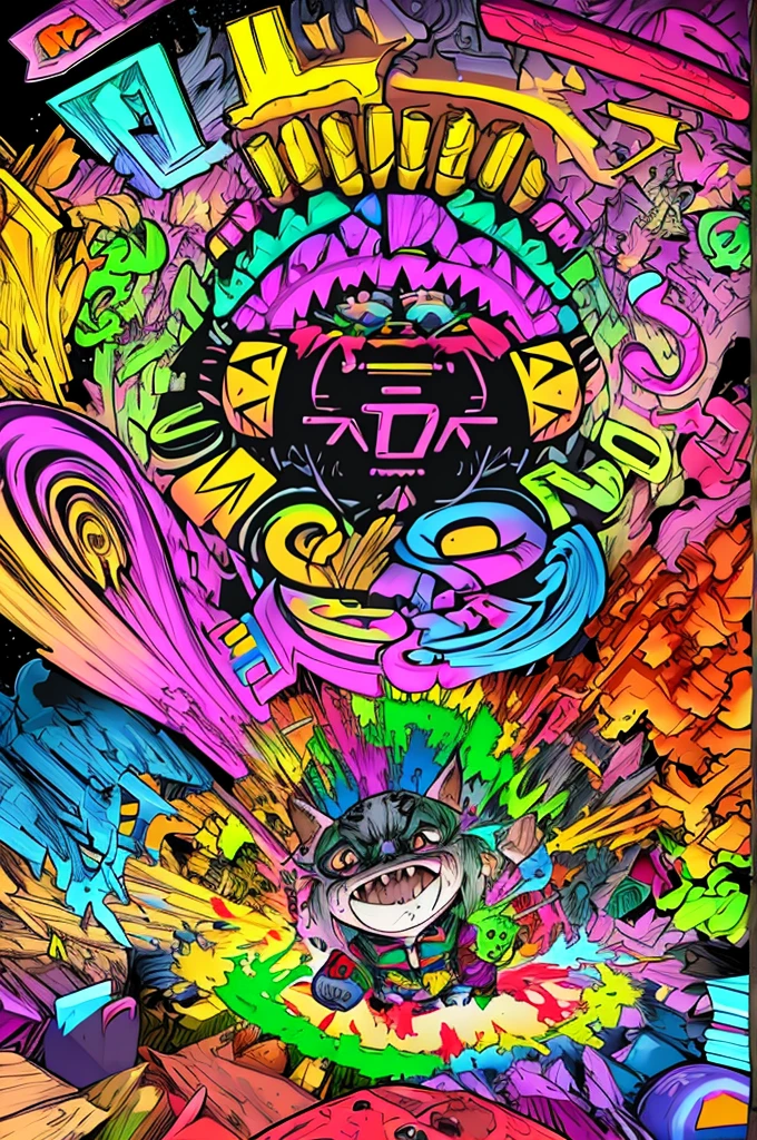 An insane goblin with a box of multicolored crayons scribbles the alphabet A to Z, upper and lower case, show full alphabet, this is for a font design