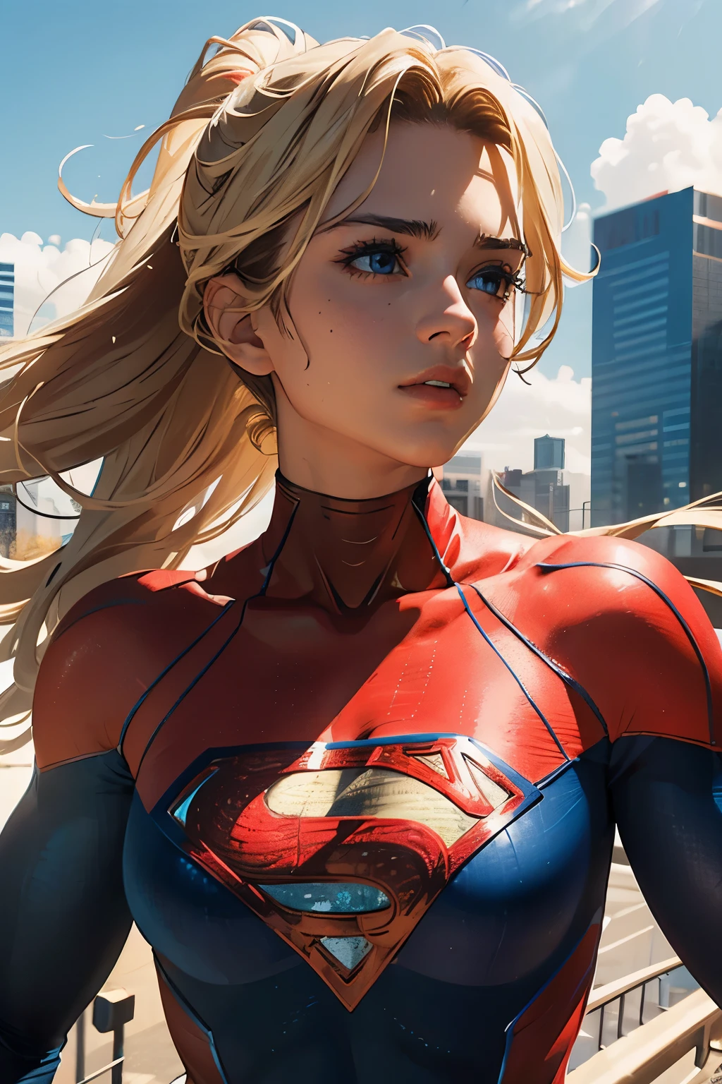 (best quality,ultra-detailed,realistic,photorealistic:1.37), solo female, wearing superman outfit, muscular, detailed face and body, beautiful detailed eyes, beautiful detailed lips, long blonde hair in ponytail, confident expression, professional lighting, vibrant colors, bokeh background, flying gracefully in the city, capturing the attention of onlookers, capturing the essence of strength and empowerment of a modern superhero.