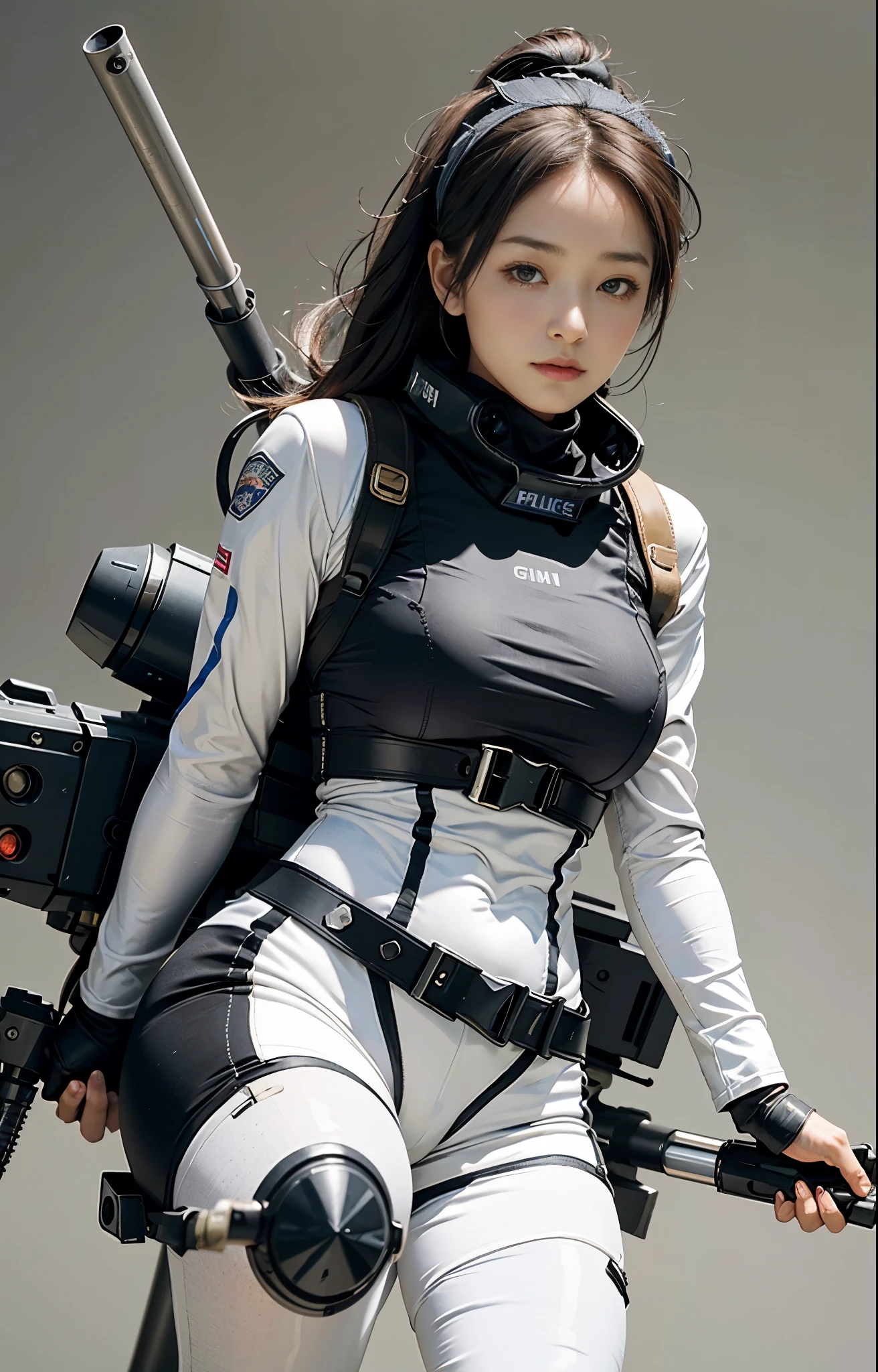 Highest image quality, outstanding details, ultra-high resolution, (realism: 1.4), ((close up:0.75)), highly condensed 1lady, with beautiful and a delicate face, perfect proportion, (Kicking To Viewer), (chubby:0.3, small breasts), (cloths color base ratio black:0.4 white:0.5), (wearing racing suit likes police uniform, black and gray mecha, wearing high-tech headset, military harness, holding a machinegun, carrying hich-tech-flamethrower -tank on back), captain, background simple gray wall,