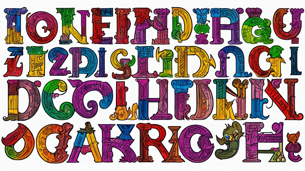 An insane goblin with a box of multicolored crayons scribbles the alphabet A to Z, upper and lower case, show full alphabet, this is for a font design