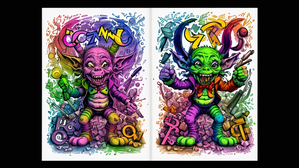 An insane goblin with a box of multicolored crayons scribbles the alphabet A to Z, upper and lower case, show full alphabet, this is for a font design