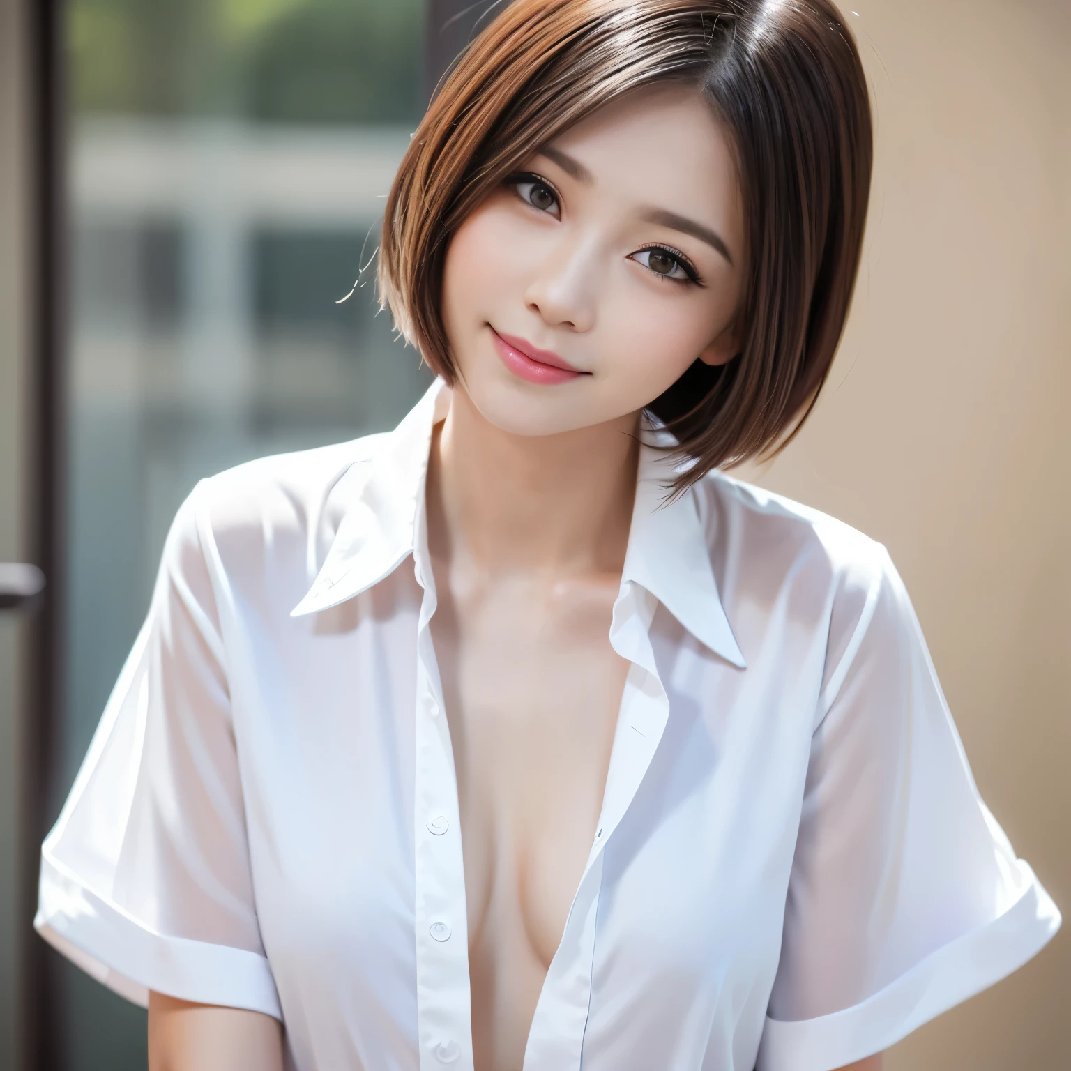 (highest quality、table top、8k、best image quality、Award-winning work)、one cute high school girl、solo、perfect beautiful composition、(Uniform shirt with fully open chest:1.2)、(Unbutton your shirt to fully expose your bare chest:1.2)、(barely cover the nipples:1.2)、(very small naked breast exposed:1.2)、(very short hair:1.2)、slender body、(shy smile looking at me:1.1)、(strongly blurred park background:1.1)、natural makeup、Ultra high definition beauty face、ultra high definition hair、Super high-definition sparkling eyes、(Super high-definition shining pure white skin:1.1)、Super high resolution glossy lips、accurate anatomy、ultra high definition hair、(very bright:1.1)