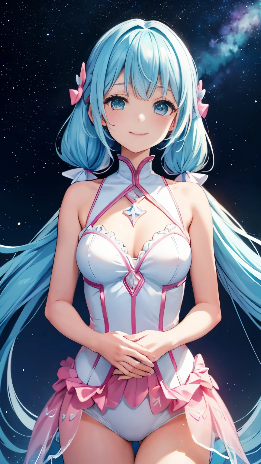 {{{table top}}}, {{best quality, Super delicate illustration, beautiful and delicate water}}, {{very delicate light}}, {{nature, painting}}, {{fine writing, more transparent stars, Very detailed 8K PCG wallpaper}}, (plateau), sunrise, randomly distributed clouds, cliff, ((rotating starry sky)), Beautiful girl with long light blue hair with luminous particles、twin tails、adorable smile、facing the front、Super Gloss Metallic Coral Rainbow Transparent Holographic Suit:1.2),pink and white costume