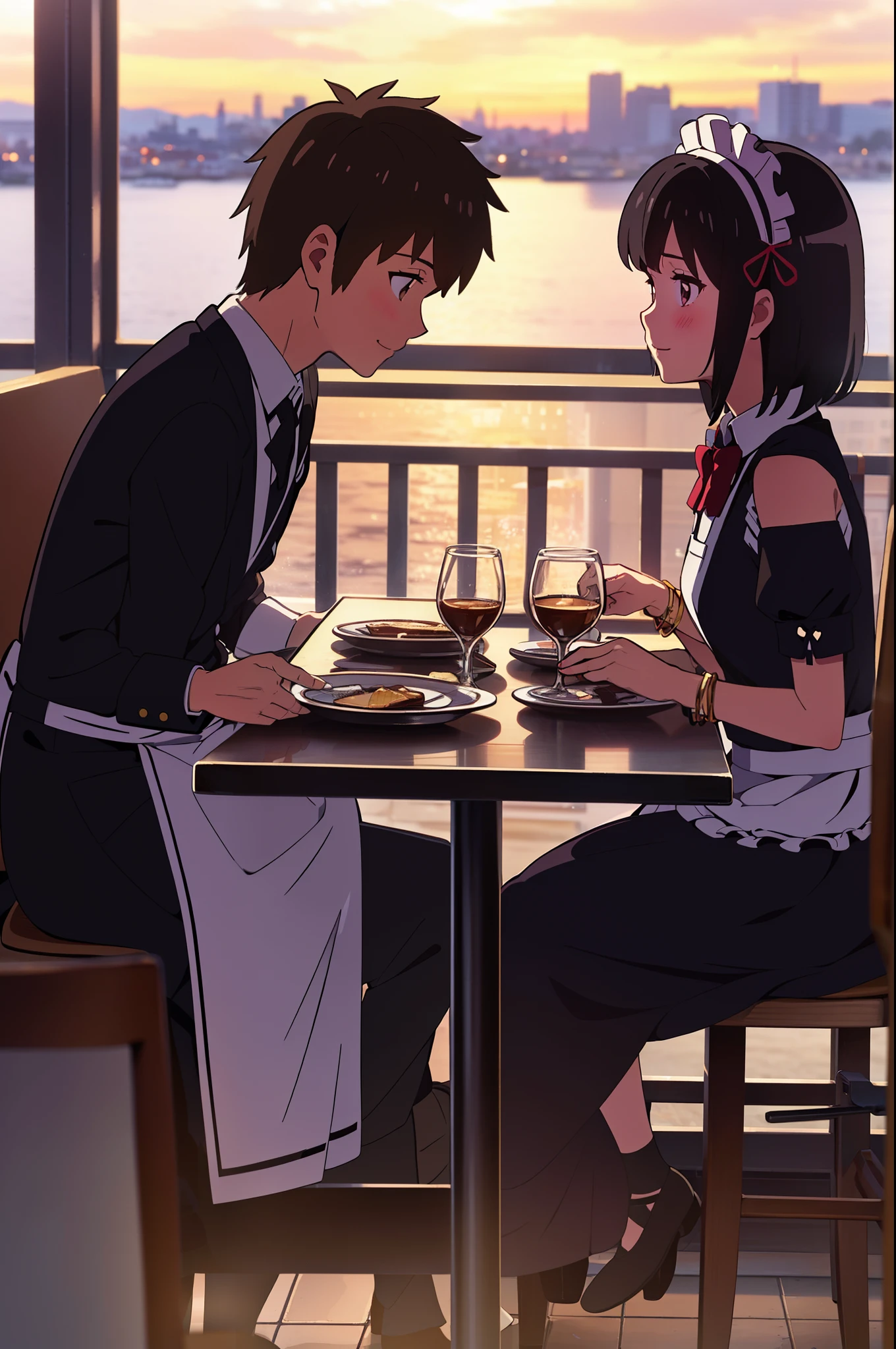 shinkai makoto, kimi no na wa., 1girl, 1boy, bangs, black hair, blush, brown eyes, (boy wear Suspender Clothes), ((girl wear maid dress, maid, apron, maid headdress, short dress, Off-the-shoulders)), bow, ribbon, short hair, smile, open mouth, looking at the viewer, cute, love, heart, couple, adorable, dating, bracelet, evening, sunset, cloudy, outdoors, dynamic lights, restaurant, resto, cafe, coffee, table, chair, sitting together, drinking