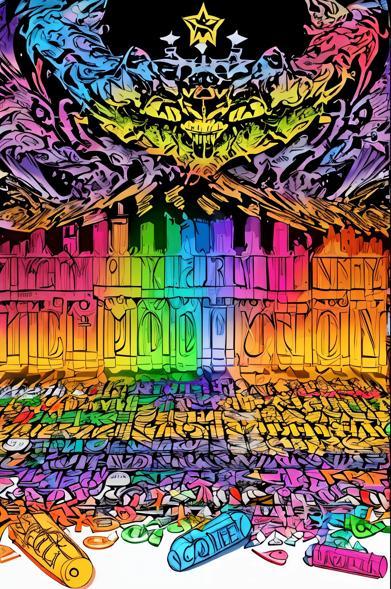 An insane goblin with a box of multicolored crayons scribbles the alphabet A to Z, upper and lower case, show full alphabet, this is for a font design