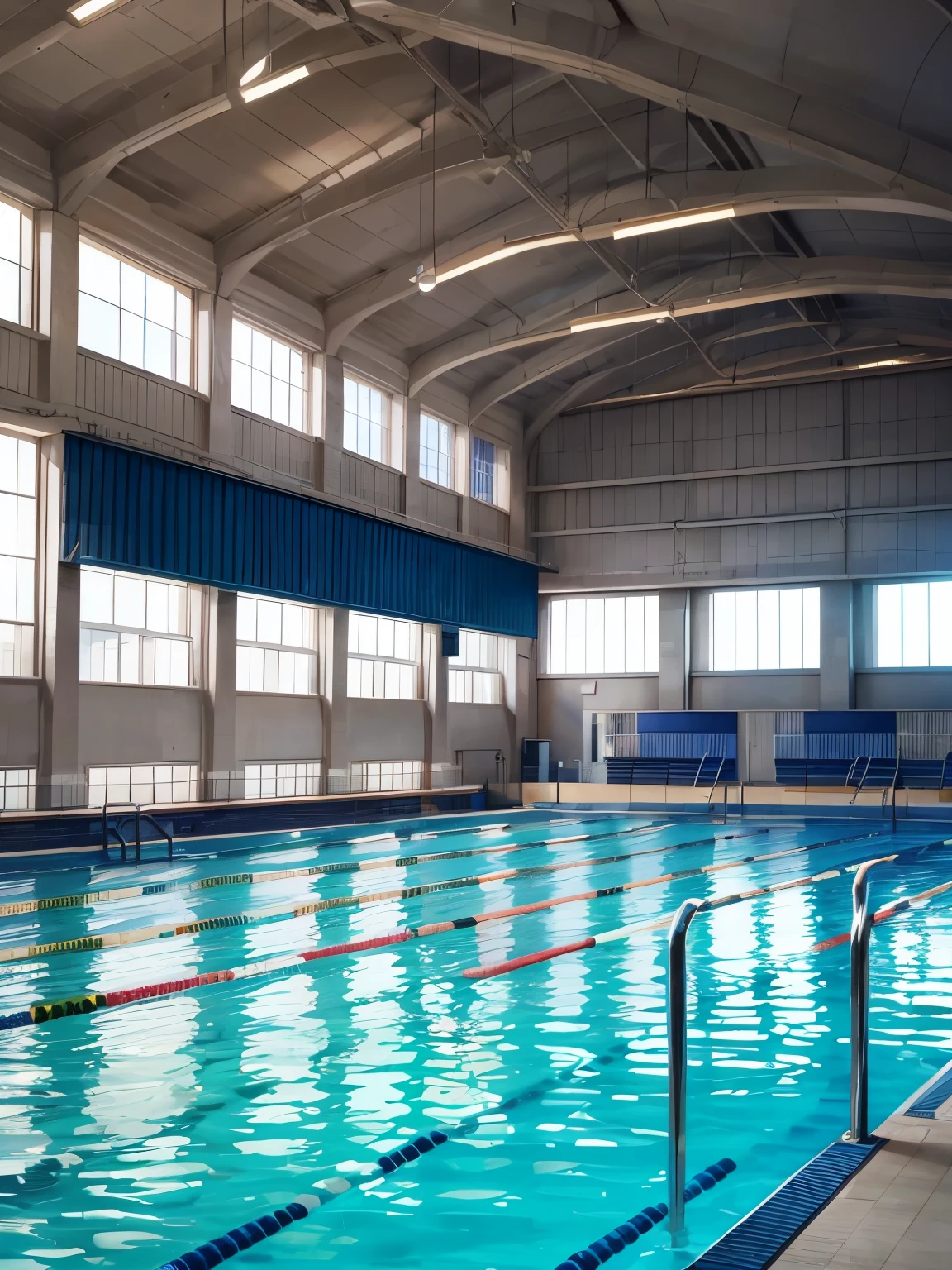 Drawing of a university swimming pool, metal railings, swimming lanes, big windows, correct symmetrical ceiling