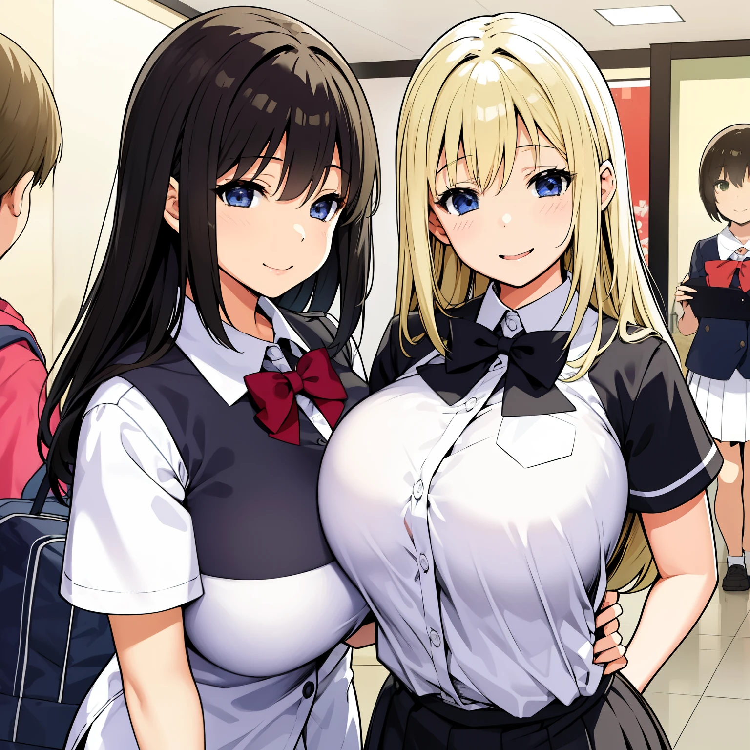 2 girls，middle school girl，White Student Uniform，huge breasts，smile，Be red in the face