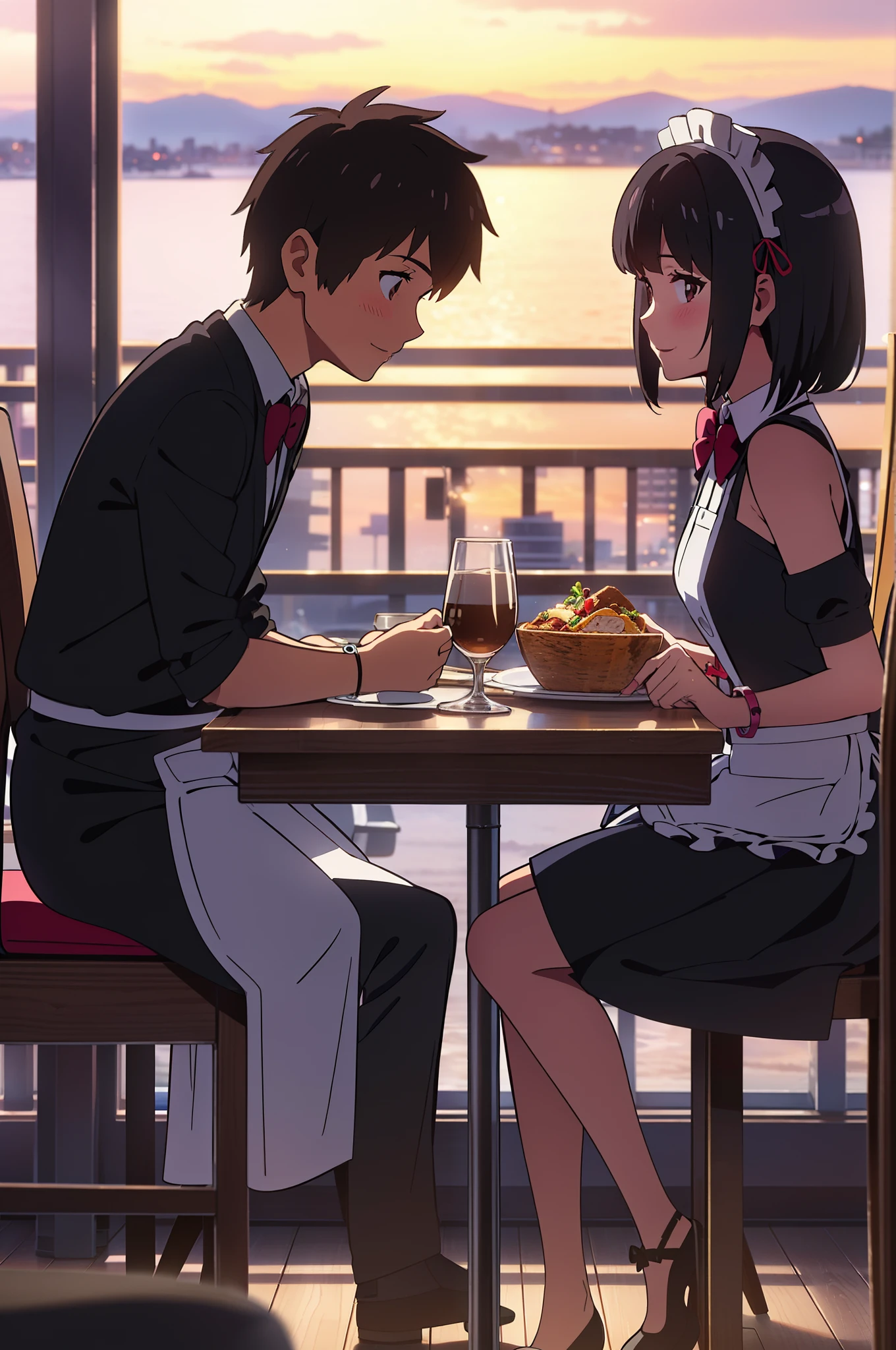 shinkai makoto, kimi no na wa., 1girl, 1boy, bangs, black hair, blush, brown eyes, (boy wear Suspender Clothes), ((girl wear maid dress, maid, apron, maid headdress, short dress, Off-the-shoulders)), bow, ribbon, short hair, smile, open mouth, looking at the viewer, cute, love, heart, couple, adorable, dating, bracelet, evening, sunset, cloudy, outdoors, dynamic lights, restaurant, resto, cafe, coffee, table, chair, sitting together, drinking