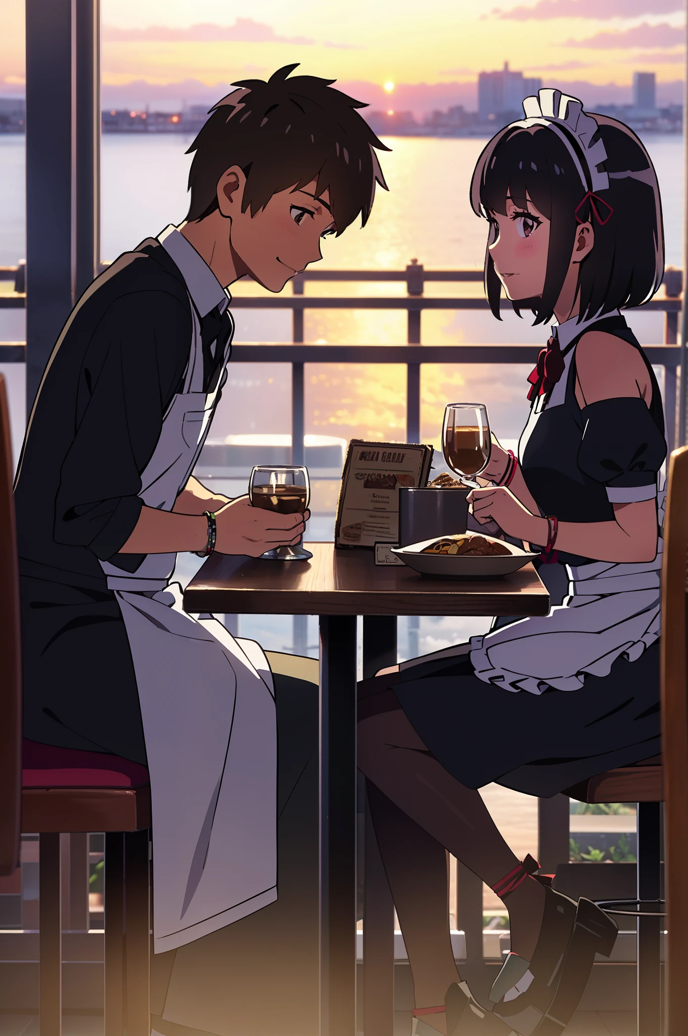 shinkai makoto, kimi no na wa., 1girl, 1boy, bangs, black hair, blush, brown eyes, (boy wear Suspender Clothes), ((girl wear maid dress, maid, apron, maid headdress, short dress, Off-the-shoulders)), bow, ribbon, short hair, smile, open mouth, looking at the viewer, cute, love, heart, couple, adorable, dating, bracelet, evening, sunset, cloudy, outdoors, dynamic lights, restaurant, resto, cafe, coffee, table, chair, sitting together, drinking
