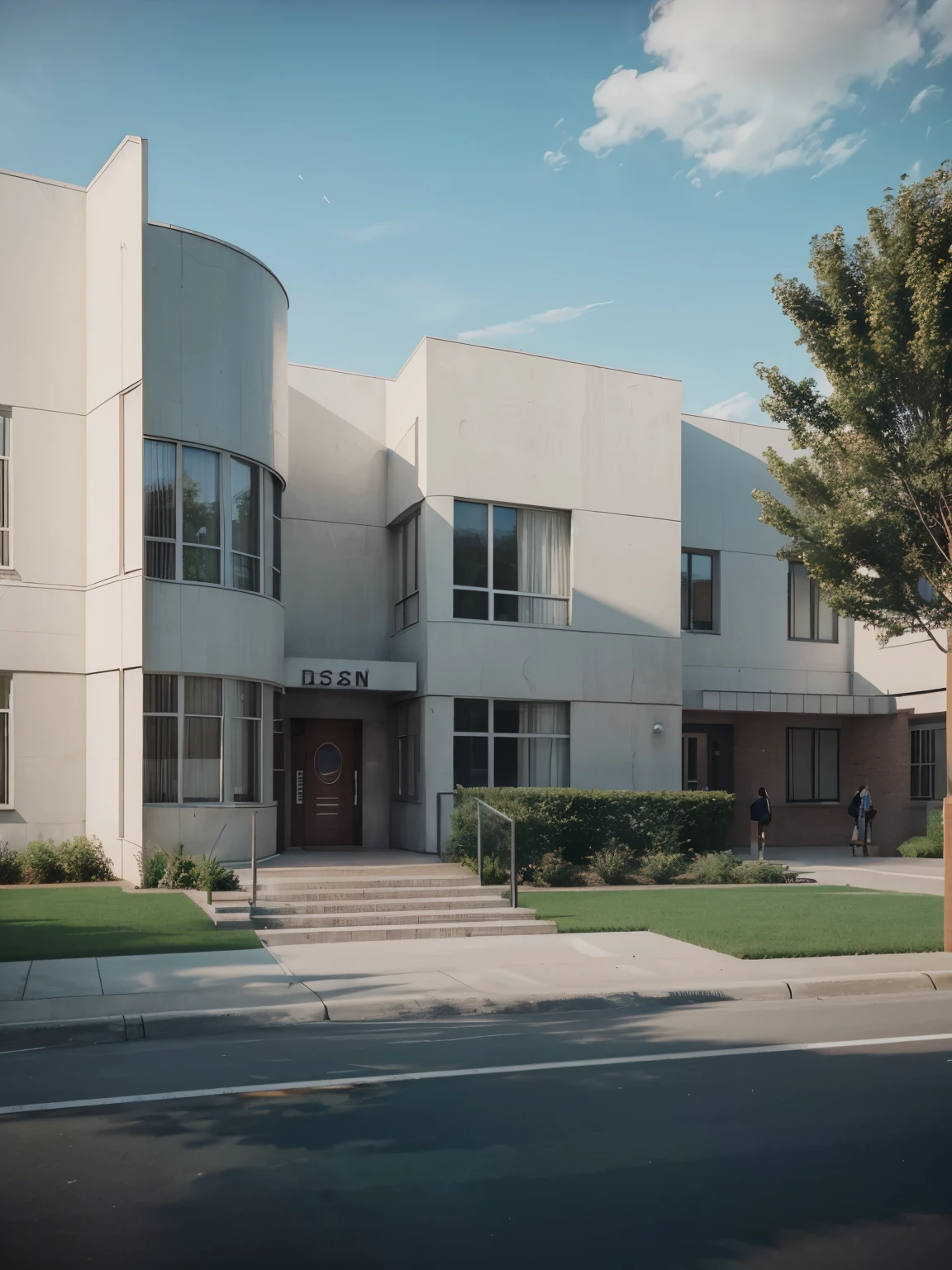 High school with modern semicircular entrance,3d rendre,vray