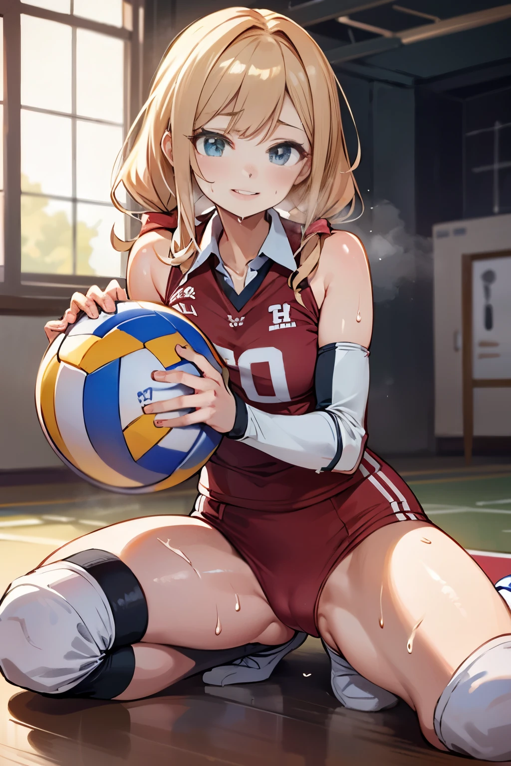 unity 8k wallpaper, anatomically correct, (((masterpiece))), (((best quality))), (((ultra detailed))), (((high-resolution))), ((Ultimate cutie)), perfect hands, perfect finger, (((good anatomy))), detailed beautiful face, shiny hair, (((gyaru))), (potbelly), (curvy), medium breasts, ((Thick thighs)), (((solo))), ((seductive smile)), (((blush))),
BREAK, (((sit astride the perfectly spherical shape 6-inch volleyball))), (((Straddling a perfectly spherical 6" volleyball))), (((Perfectly spherical 6" volleyball fits perfectly crotch))), BREAK, (((Rub the Perfectly spherical 6" volleyball against crotch))),
BREAK, (Collared volleyball uniforms), sleeveless, ((buruma)), ((kneepad)), pussy juice stained, (elbow pad), (((sweat))), (((covered in sweat))), ((deep breathing)), in Volleyball Court, indoor, lighting, looking at viewer, full body, (spoken heart)