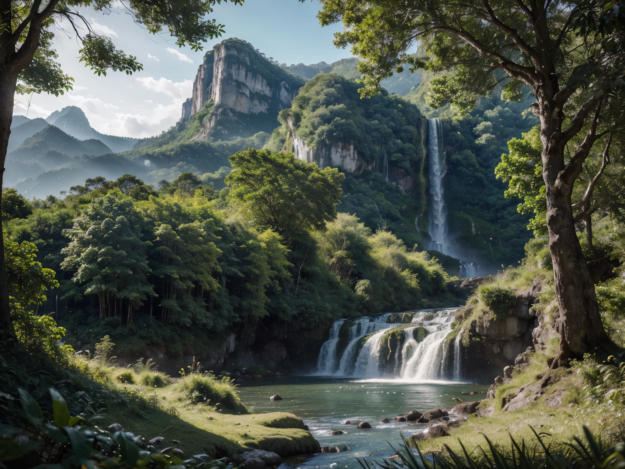 A breathtakingly beautiful natural landscape, featuring a cascading waterfall surrounded by lush, vibrant vegetation and framed by towering mountains in the distance. Natural landscape, (best quality, 8k, highres, masterpiece:1.2), ultra-detailed, photorealistic, sharp focus, extreme detail, professional vivid colors, lush greenssoft, diffused sunlight filtering through leaves, natural lighting.