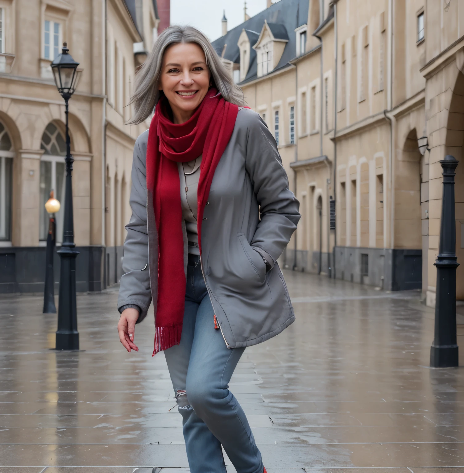 realistic picture, beautiful mature woman, smiling, doing funny, 5ft3, grey bob hair, full body, standing in a street in Nancy, Place Stanislas, motion, realism, high-quality rendering, stunning art, high quality, black oversized L PARKA zipper, denim jeans, red scarf, rainy day, wind,