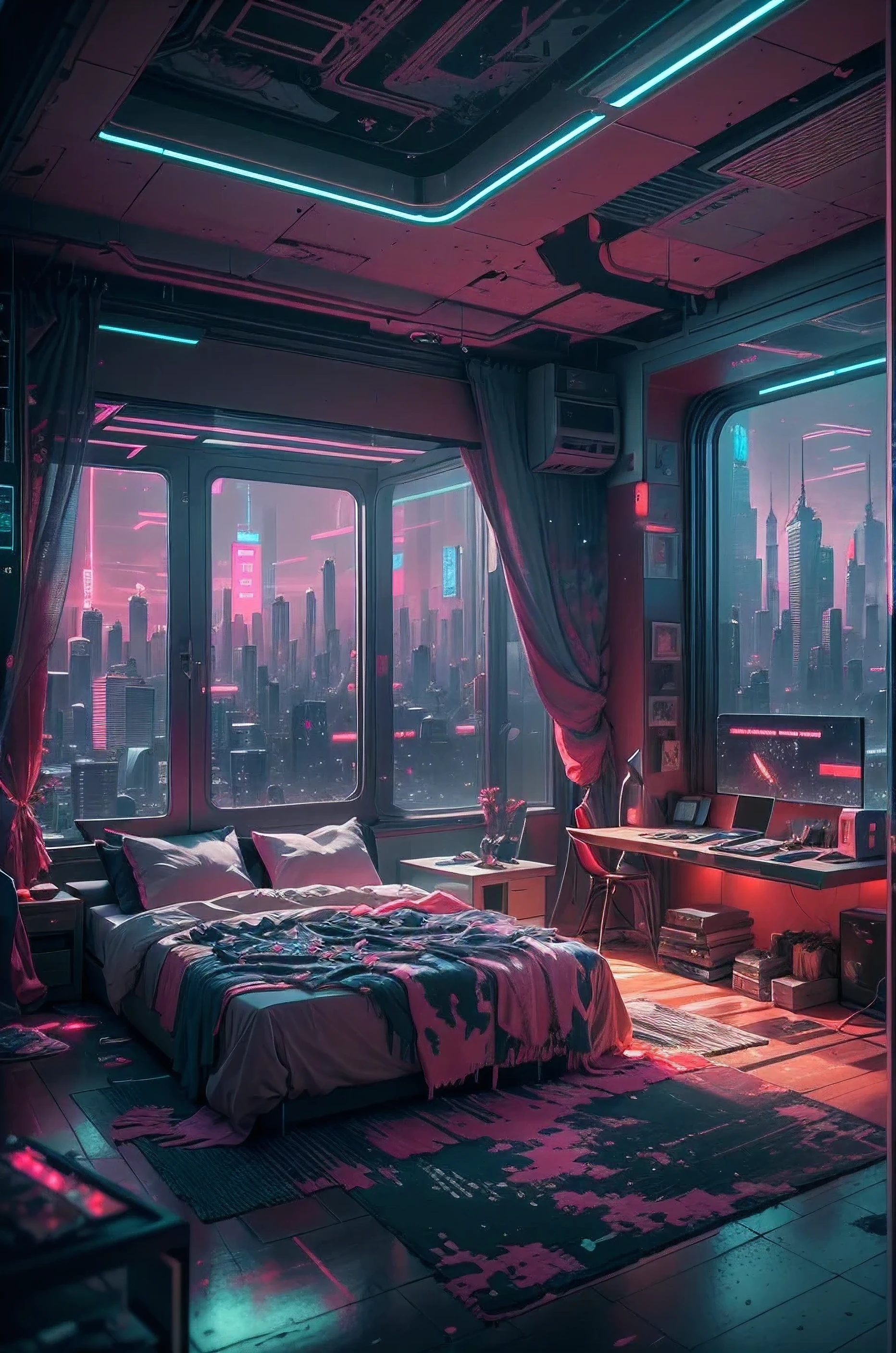 Best image quality, Masterpiece, Ultra-high resolution, (Fidelity:1.4), Photo, Dim, Darkness, ((Cyberpunk))Futuristic, ((Award-winning ultra-realistic photos)),((masterpiece)),(Hyper-detailing),(Complicated details),(High resolution CGI artwork 8k),Futuristic cyberpunk Bedroom, terrazzo,big window,Busy and colorful、Detailed cyberpunk cityscape。Futuristic style,There are many colors and LED lights。The cityscape should be very detailed,depth of fields。Create depth with atmospheric lighting,Evoke the feeling of a busy futuristic city outside the window。cameras:Wide-angle lens showing rooms and windows。Use atmospheric and volumetric lighting to enhance cityscape detail。The room should be illuminated by the neon lights of the cityscape, Pastel textured colored background, Colourful, vibrant,