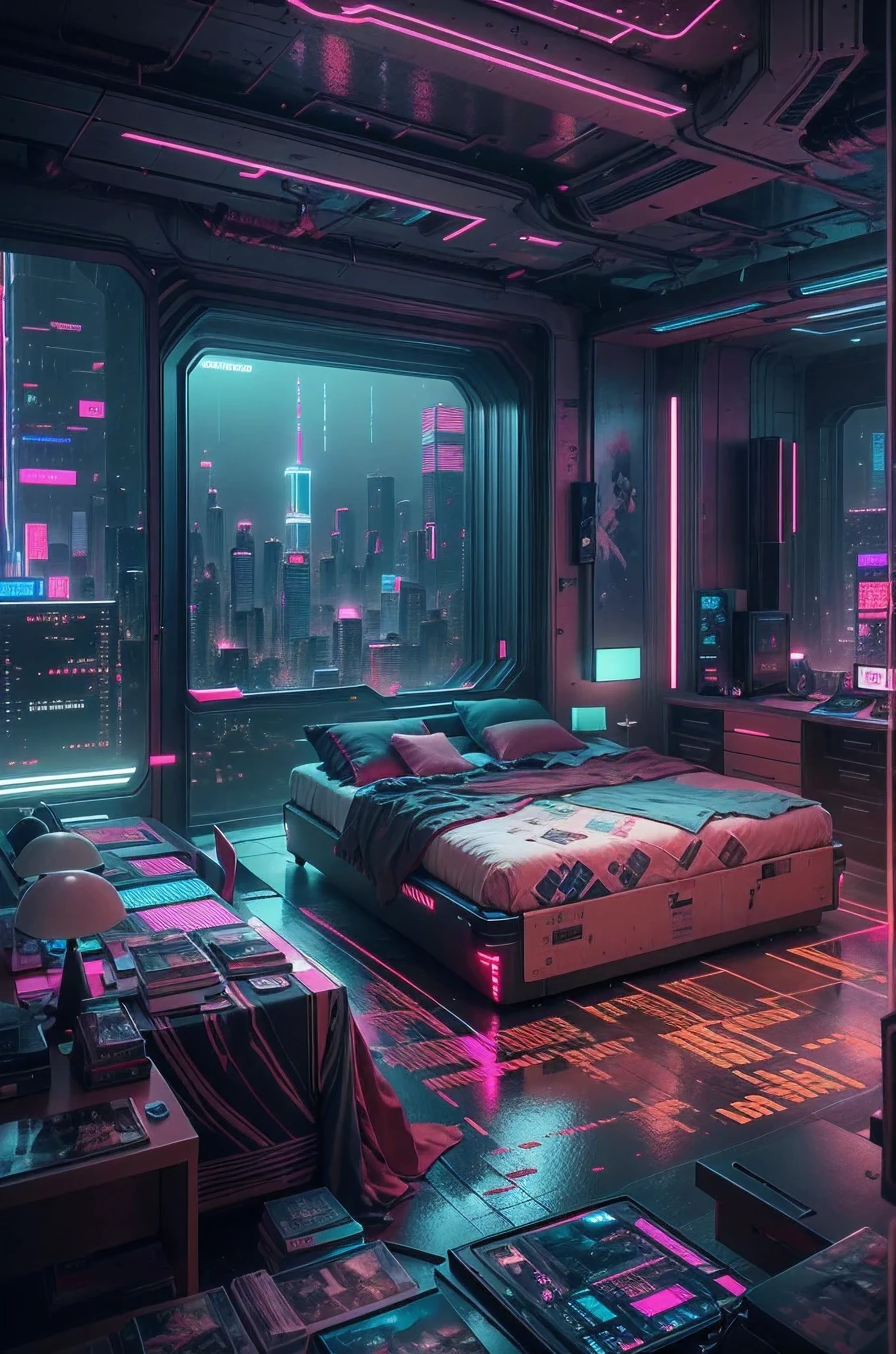 Best image quality, Masterpiece, Ultra-high resolution, (Fidelity:1.4), Photo, Dim, Darkness, ((Cyberpunk))Futuristic, ((Award-winning ultra-realistic photos)),((masterpiece)),(Hyper-detailing),(Complicated details),(High resolution CGI artwork 8k),Futuristic cyberpunk Bedroom, terrazzo,big window,Busy and colorful、Detailed cyberpunk cityscape。Futuristic style,There are many colors and LED lights。The cityscape should be very detailed,depth of fields。Create depth with atmospheric lighting,Evoke the feeling of a busy futuristic city outside the window。cameras:Wide-angle lens showing rooms and windows。Use atmospheric and volumetric lighting to enhance cityscape detail。The room should be illuminated by the neon lights of the cityscape, Pastel textured colored background, Colourful, vibrant,