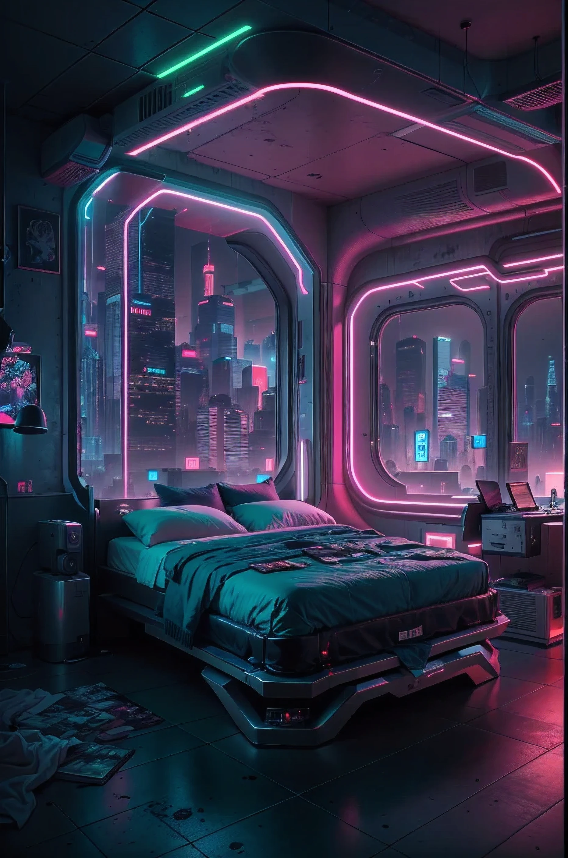 Best image quality, Masterpiece, Ultra-high resolution, (Fidelity:1.4), Photo, Dim, Darkness, ((Cyberpunk))Futuristic, ((Award-winning ultra-realistic photos)),((masterpiece)),(Hyper-detailing),(Complicated details),(High resolution CGI artwork 8k),Futuristic cyberpunk Bedroom, terrazzo,big window,Busy and colorful、Detailed cyberpunk cityscape。Futuristic style,There are many colors and LED lights。The cityscape should be very detailed,depth of fields。Create depth with atmospheric lighting,Evoke the feeling of a busy futuristic city outside the window。cameras:Wide-angle lens showing rooms and windows。Use atmospheric and volumetric lighting to enhance cityscape detail。The room should be illuminated by the neon lights of the cityscape, Pastel textured colored background, Colourful, vibrant,