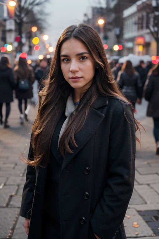 27 year old woman, long hair flowing in the wind, high definition, in the cold, well dressed, on a street with sharp focus.
