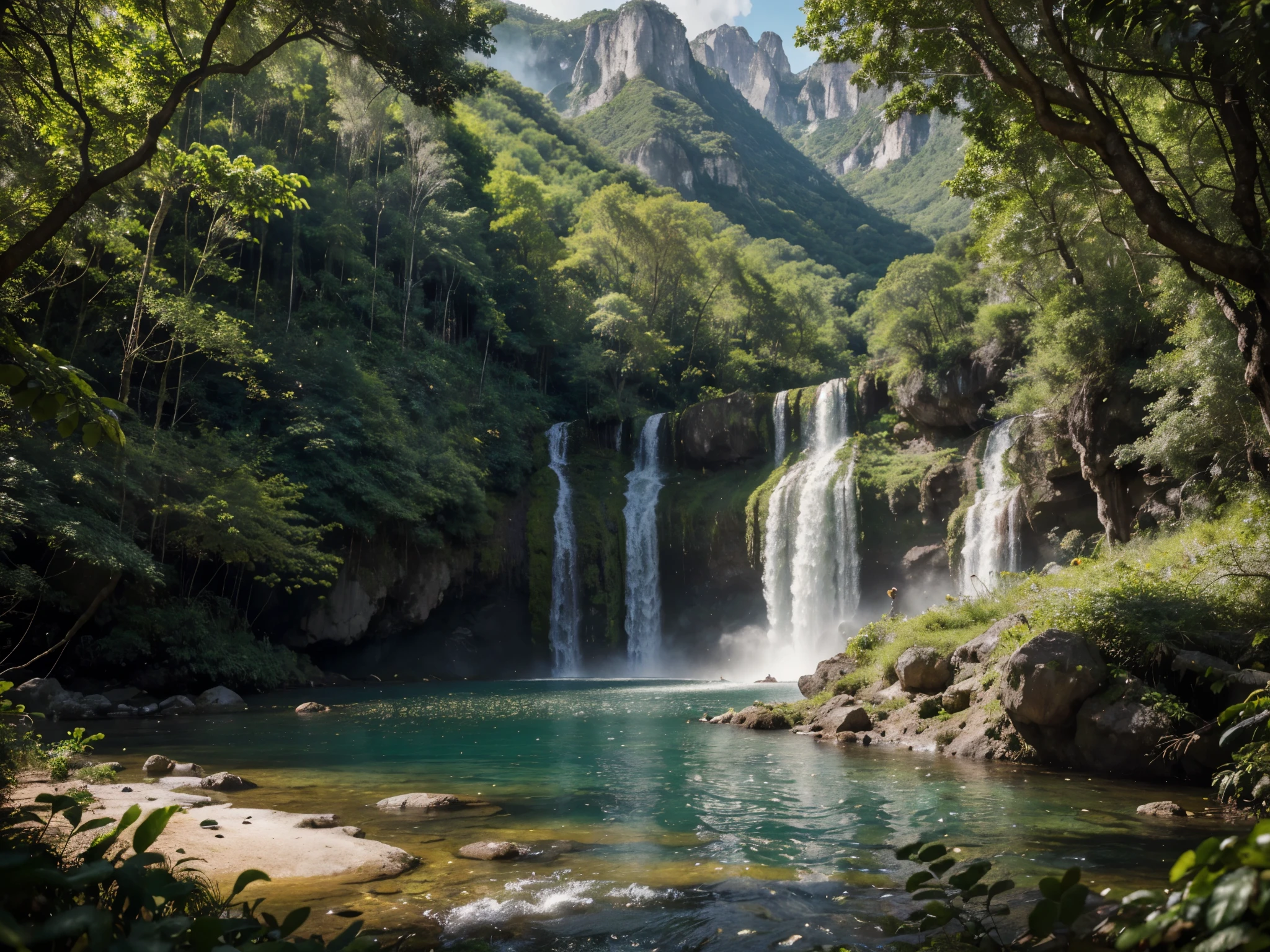 A breathtakingly beautiful natural landscape, featuring a cascading waterfall surrounded by lush, vibrant vegetation and framed by towering mountains in the distance. Natural landscape, (best quality, 8k, highres, masterpiece:1.2), ultra-detailed, photorealistic, sharp focus, extreme detail, professional vivid colors, lush greenssoft, diffused sunlight filtering through leaves, natural lighting.