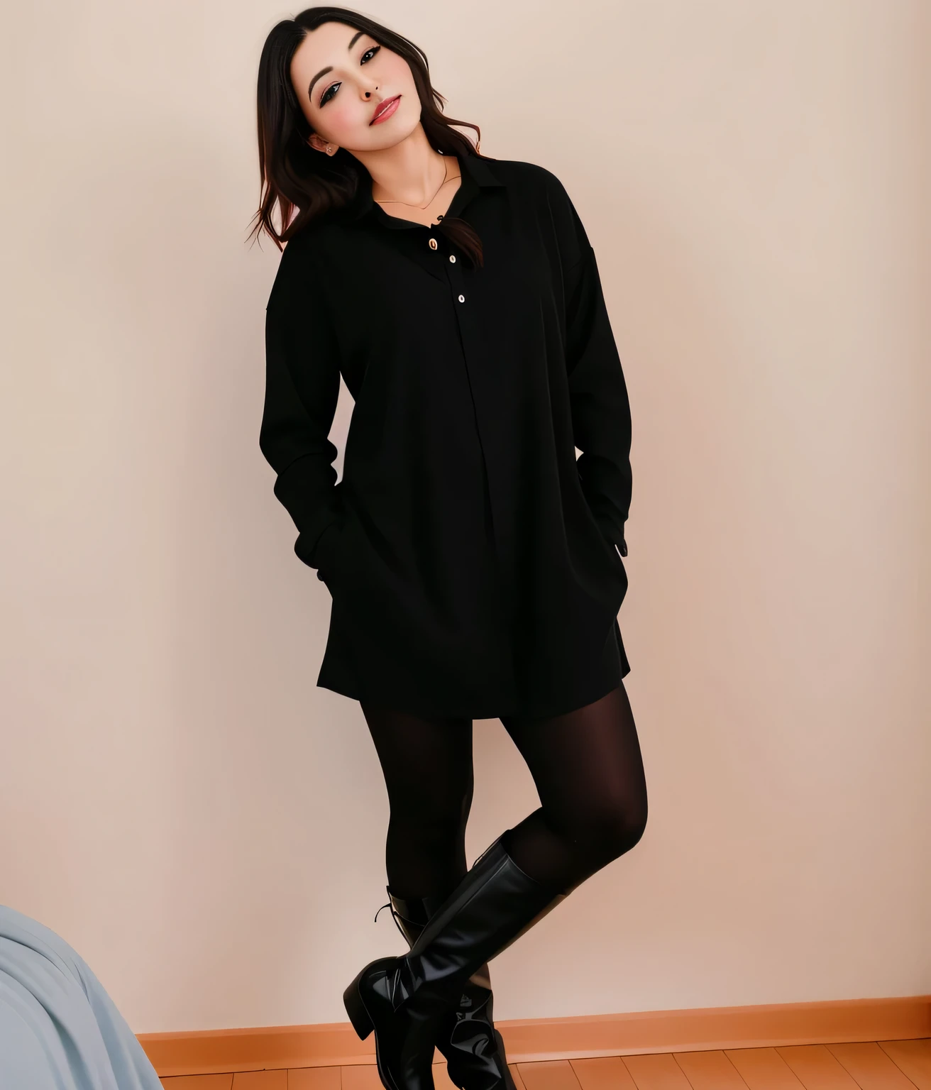 There's a woman standing in a room with a bed and a wall, wearing roupas pretas, vestindo preto boots, completely roupas pretas, roupas pretas, vestido todo de preto, wearing modern roupas pretas, wearing roupas pretas, vestindo preto, wearing a vestido preto, legging preta, vestido preto, black tunic, foto da roupa, Shota de corpo inteiro. Uma mulher com pele branca e cabelos escuros. ela tem cerca de 35 anos. Her slightly plump, red lips are like a delicate flower, o marrom escuro dela, olhos grandes e encantadores parecem conter um mundo de maravilhas. Corpo fino. cintura fina. Your body exudes glamor and your face is the definition of beauty. Teste, altamente realista, Pele avermelhada, lindo, slightly full lips, batom vermelho, sorridente, feeling of lightness and joy, hiperrealismo, pele muito elaborada, olhar direto. foto de corpo inteiro, foto clara, alta qualidade, high resolution, obra de arte, 8K.