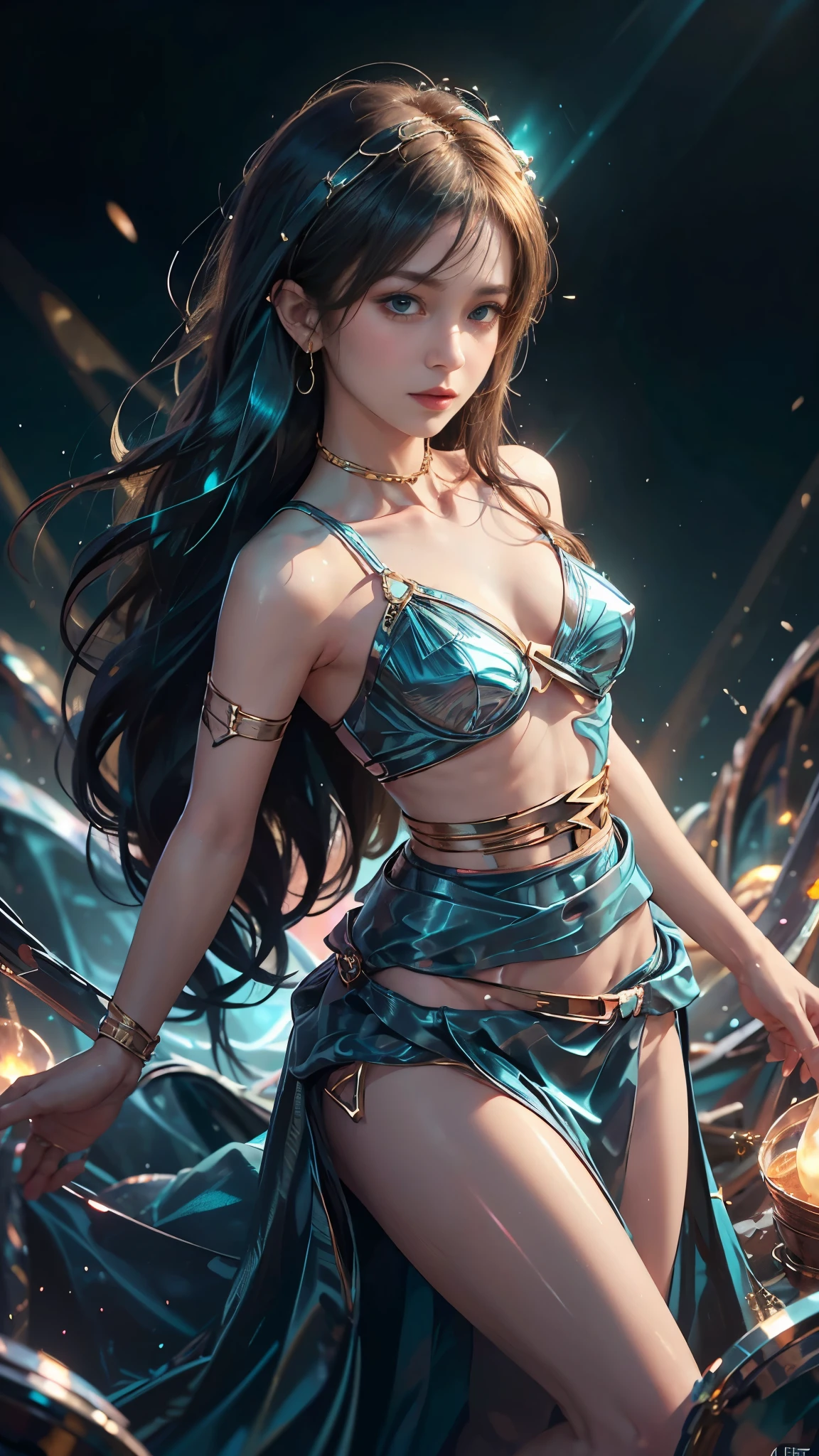 8K, ultra HD, masterpiece, 1 girl, good face, very long hair, spreading hair, Realistic eyes, (small curved breasts), (teal dress:1.4), (metallic dress:1.5), (bare waist:1.8),(criss-cross strap), magical lights, night light, (upper body),