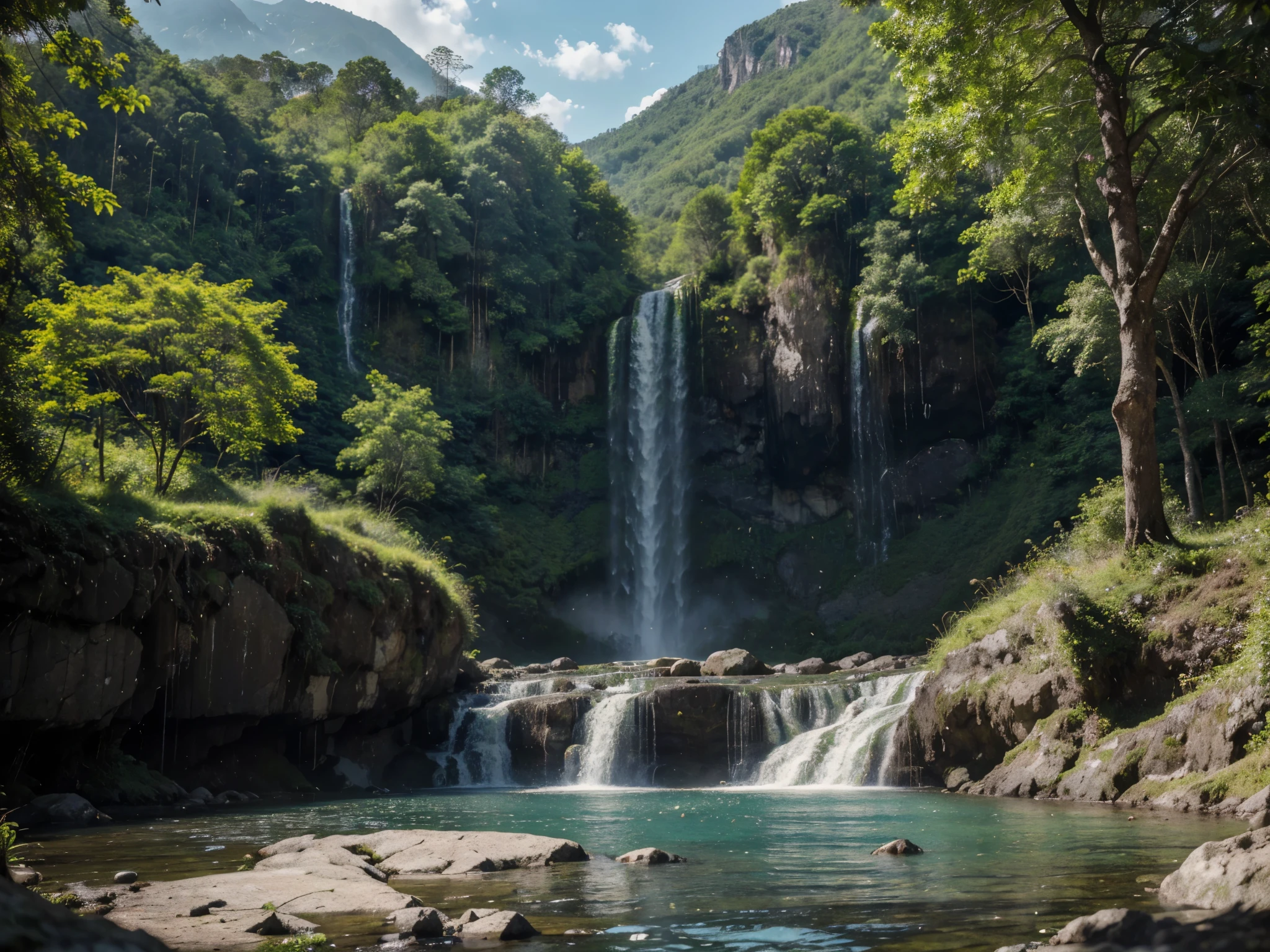 A breathtakingly beautiful natural landscape, featuring a cascading waterfall surrounded by lush, vibrant vegetation and framed by towering mountains in the distance. Natural landscape, (best quality, 8k, highres, masterpiece:1.2), ultra-detailed, photorealistic, sharp focus, extreme detail, professional vivid colors, lush greenssoft, diffused sunlight filtering through leaves, natural lighting.