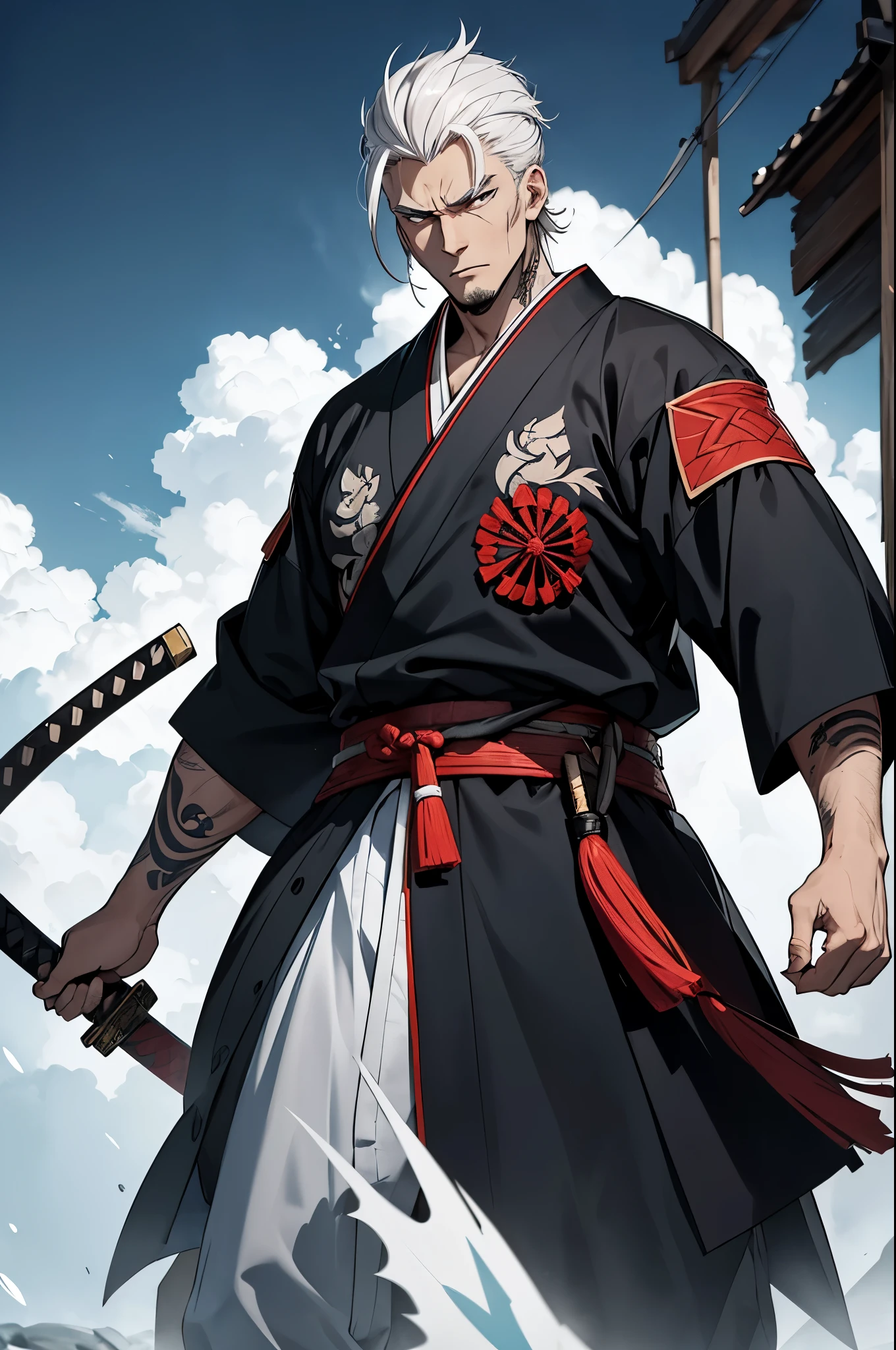 A tall and muscular man in a samurai kimono looks impressive. His white hair adorns his head short, emphasizing a serious facial expression. He usually wears his kimono with dignity, although sometimes his hands, covered with tattoos, show traces of a turbulent life. The seemingly calm face of the possibility of running out of rice. He always has a katana in his hand - a working tool and protection, symbol of his skill in battle. While he&#39;s drunk, his movements remain precise and decisive, like a true warrior. Drunkenness manifests itself in slow steps and dark circles under the eyes., but his confident expression and cold gaze give him an aura of steadfastness