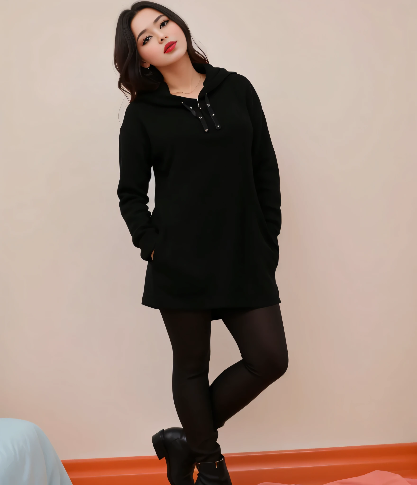 There's a woman standing in a room with a bed and a wall, wearing roupas pretas, vestindo preto boots, completely roupas pretas, roupas pretas, vestido todo de preto, wearing modern roupas pretas, wearing roupas pretas, vestindo preto, wearing a vestido preto, legging preta, vestido preto, black tunic, foto da roupa, Shota de corpo inteiro. Uma mulher com pele branca e cabelos escuros. ela tem cerca de 35 anos. Her slightly plump, red lips are like a delicate flower, o marrom escuro dela, olhos grandes e encantadores parecem conter um mundo de maravilhas. Corpo fino. cintura fina. Your body exudes glamor and your face is the definition of beauty. Teste, altamente realista, Pele avermelhada, lindo, slightly full lips, batom vermelho, sorridente, feeling of lightness and joy, hiperrealismo, pele muito elaborada, olhar direto. foto de corpo inteiro, foto clara, alta qualidade, high resolution, obra de arte, 8K.