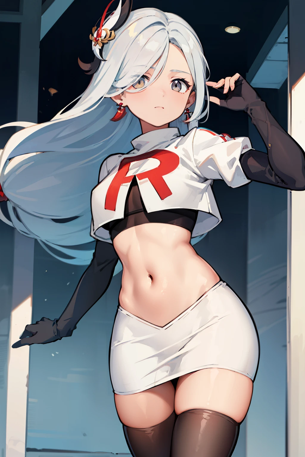 masterpiece, best quality, shenhe \(genshin impact\),hair over one eye, grey eyes, long hair, 1girl, solo, earrings, hair ornament, team rocket,team rocket uniform, red letter R, white skirt,white crop top,black thigh-highs,black elbow gloves
