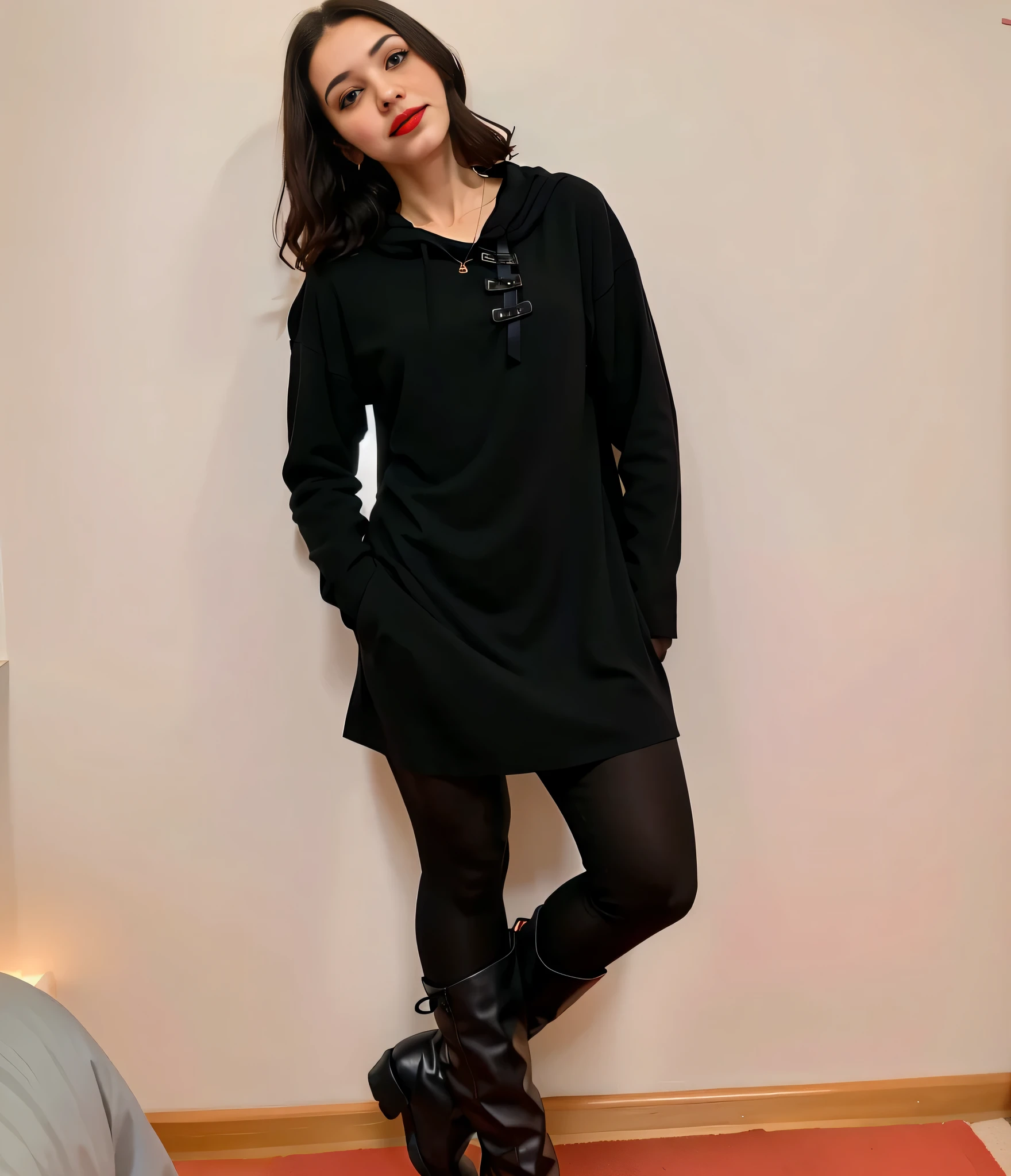 There's a woman standing in a room with a bed and a wall, wearing roupas pretas, vestindo preto boots, completely roupas pretas, roupas pretas, vestido todo de preto, wearing modern roupas pretas, wearing roupas pretas, vestindo preto, wearing a vestido preto, legging preta, vestido preto, black tunic, foto da roupa, Shota de corpo inteiro. Uma mulher com pele branca e cabelos escuros. ela tem cerca de 35 anos. Her slightly plump, red lips are like a delicate flower, o marrom escuro dela, olhos grandes e encantadores parecem conter um mundo de maravilhas. Corpo fino. cintura fina. Your body exudes glamor and your face is the definition of beauty. Teste, altamente realista, Pele avermelhada, lindo, slightly full lips, batom vermelho, sorridente, feeling of lightness and joy, hiperrealismo, pele muito elaborada, olhar direto. foto de corpo inteiro, foto clara, alta qualidade, high resolution, obra de arte, 8K.