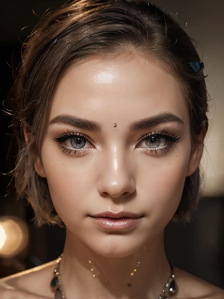 face of a beautiful girl of about 22 years old.
Her nose, delicately redder than the rest of her skin, contrasting with the rest of her pale skin.
Her eyes, very very large and brighter than a normal human being, magnetic brightness.
Her eyebrows, in contrast, are large and exaggerated, painting a portrait of intense expression. expressive form, charming face.
Her hair is adorned with a colorful band around her hair, a touch of originality that adds a playful aura. The colorful beads and ribbons woven into her hair.
Bold makeup. The eyes are accentuated with a graphic eyeliner that creates geometric lines and unusual shapes, transforming the eyes into living works of art. Metallic or glitter eyeshadow adds a shimmering shine to your eyes. with gloss makeup.
(The short bob hair takes on a metallic silver-grey tone) which is reflected like a cascade of shiny light. her face has a contemporary and futuristic look.
Her lips, painted in bold shades of fiery red. Their chromatic intensity completes the extraordinary ensemble, giving an aura of glamor and sophistication to this girl with a memorable face.
