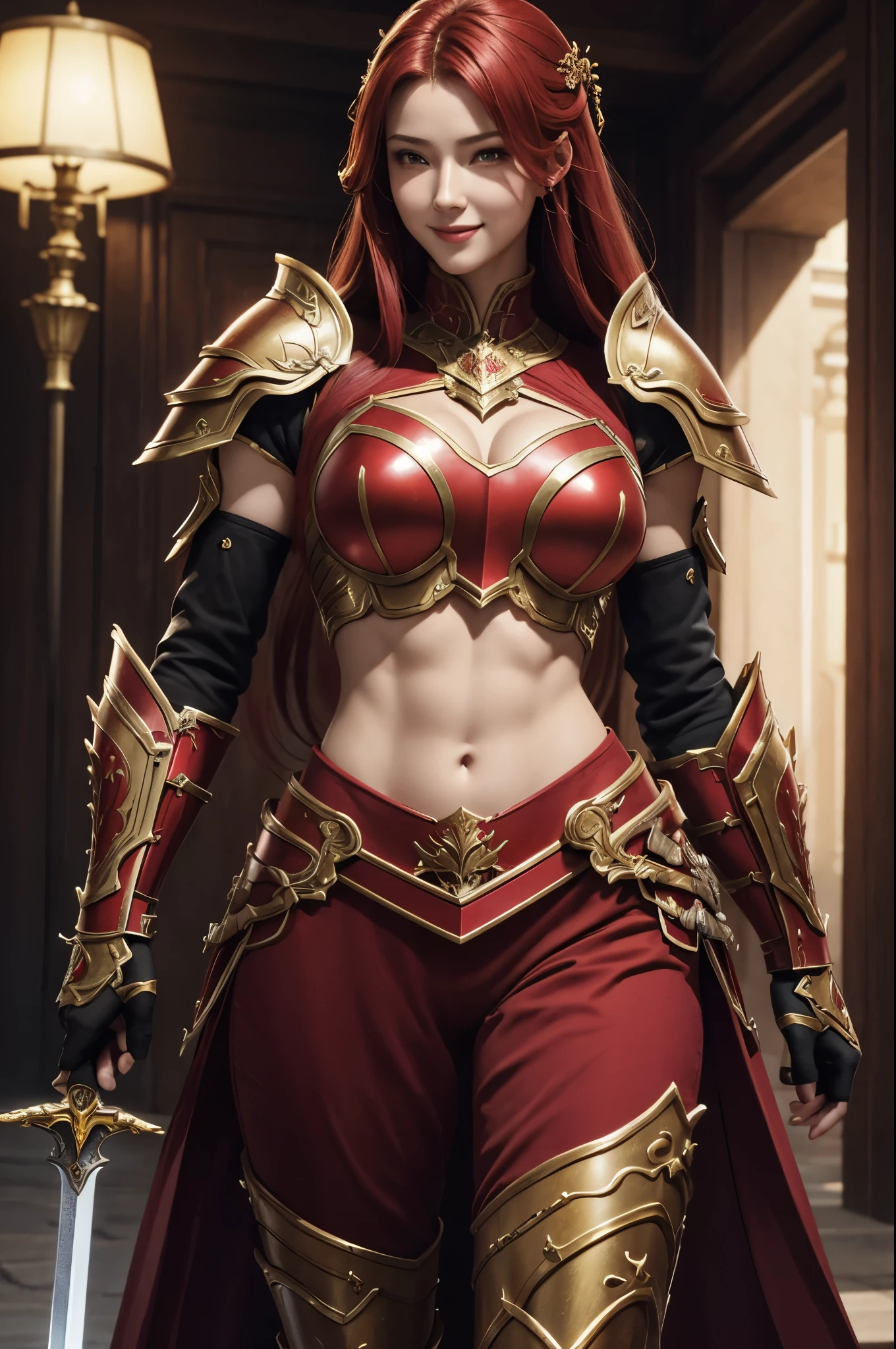 8k,Close-up of a goddess with a sacred sword, Gorgeous big chest chest armor, Sexy超美人(like the real thing)goddess of war,slender body,muscular man,charming smile,He has a large and luxurious holy sword.,beautiful long red hair,strongly cracked abdominal muscles,Sexy,highly detailed art germ, Alexandra Fomina Art Station, 2. 5d cgi anime fantasy artwork, lady in red armor, armor girl, fan art best art station, great character art, Kushart Krenz Key Art Feminine, Chengwei Pan at Art Station,Super high resolution,Luxury Red Large Mist Chest Armor,luxury red combat pants,gorgeous red gauntlet,luxury red shoulder armor,luxurious red waist armor,fantasy art,strongly cracked abdominal muscles,muscular thin legs,big smile,very big breasts,fighting pose,