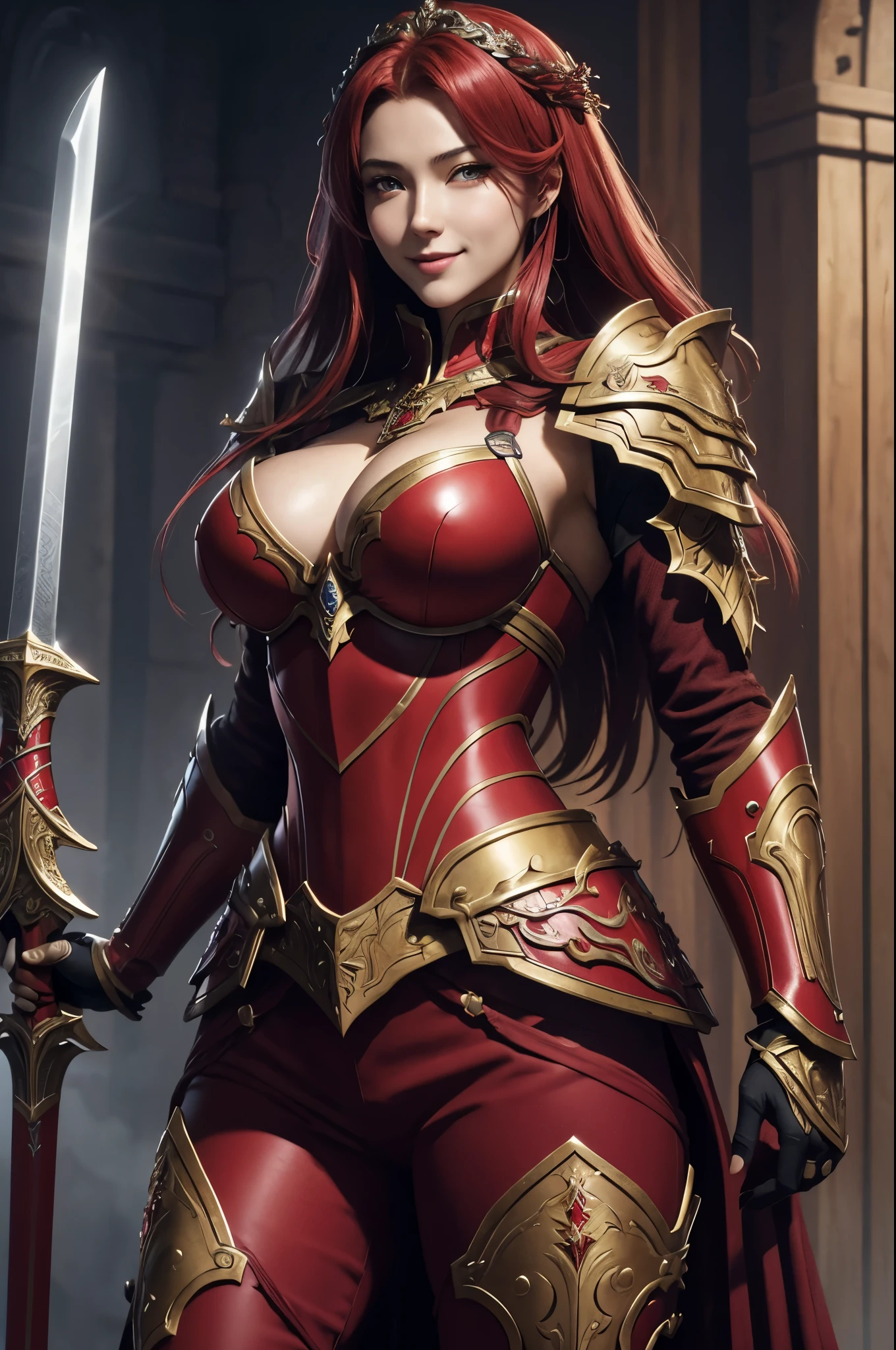 8k,Close-up of a goddess with a sacred sword, Gorgeous big chest chest armor, Sexy超美人(like the real thing)goddess of war,slender body,muscular man,charming smile,He has a large and luxurious holy sword.,beautiful long red hair,strongly cracked abdominal muscles,Sexy,highly detailed art germ, Alexandra Fomina Art Station, 2. 5d cgi anime fantasy artwork, lady in red armor, armor girl, fan art best art station, great character art, Kushart Krenz Key Art Feminine, Chengwei Pan at Art Station,Super high resolution,Luxury Red Large Mist Chest Armor,luxury red combat pants,gorgeous red gauntlet,luxury red shoulder armor,luxurious red waist armor,fantasy art,strongly cracked abdominal muscles,muscular thin legs,big smile,very big breasts,