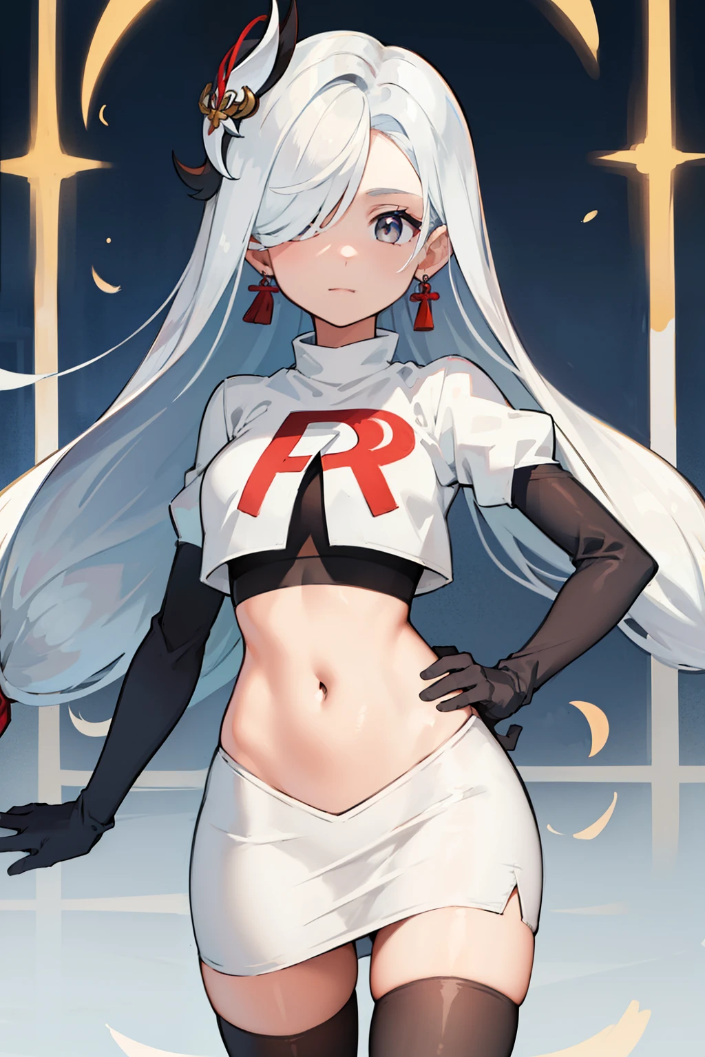 masterpiece, best quality, shenhe \(genshin impact\),hair over one eye, grey eyes, long hair, 1girl, solo, earrings, hair ornament, team rocket,team rocket uniform, red letter R, white skirt,white crop top,black thigh-highs,black elbow gloves